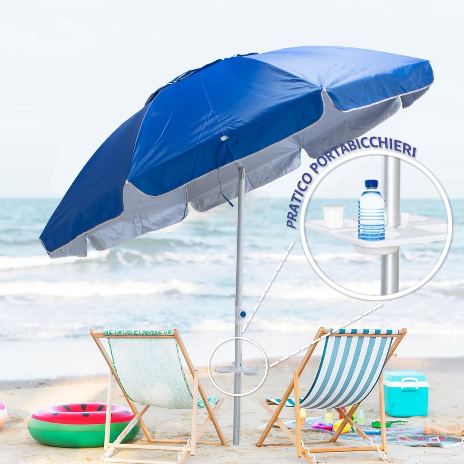 Ombrellone da Spiaggia Maiori – Struttura in Alluminio, Telo Anti UV, Snodo Zincato, Stecche in Fibra di Vetro, Base a Trivella, Sacca con Tracolla