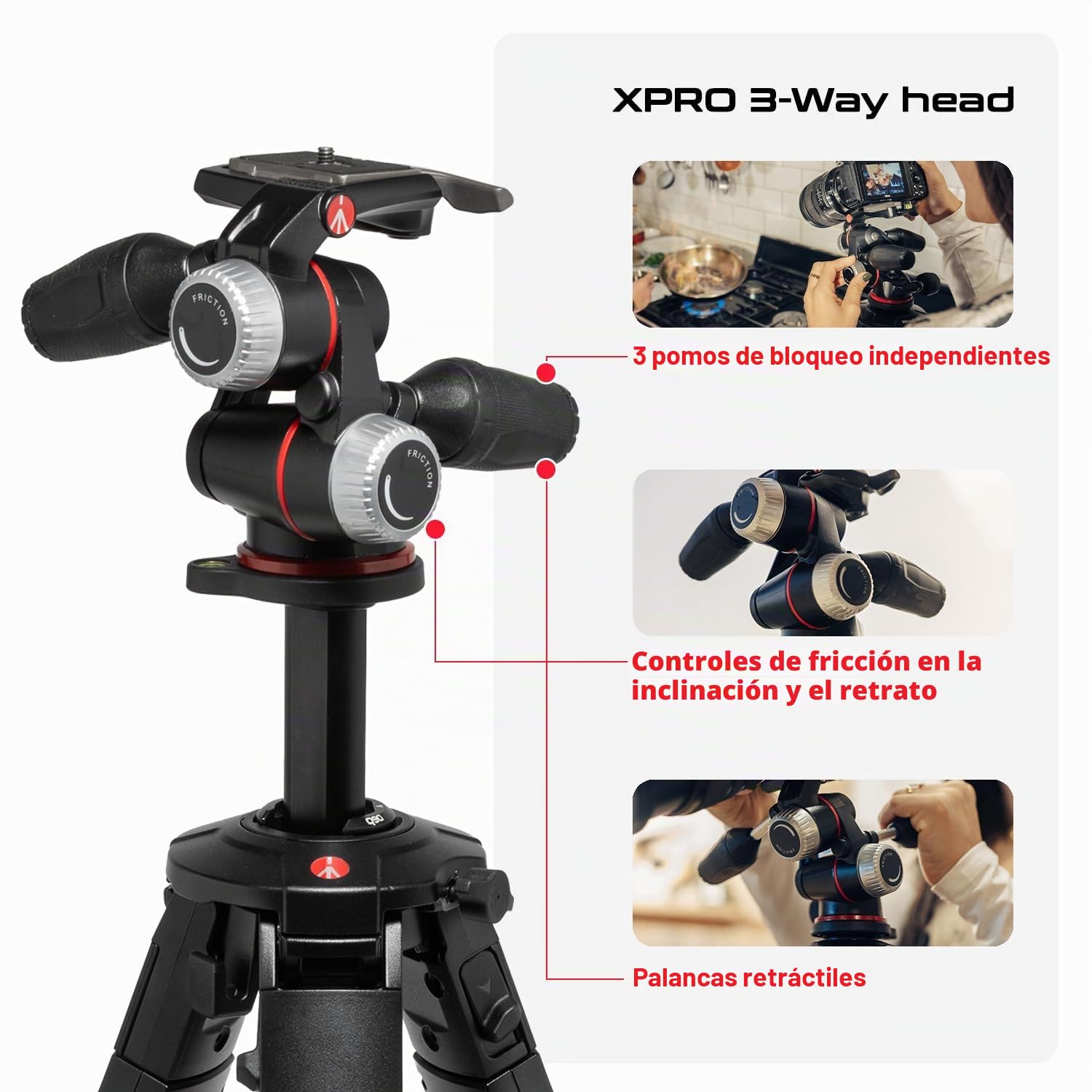Manfrotto One Photo, Kit Trípode de Aluminio + Rótula XPRO 3‑Way, 12 kg de Carga, Columna 90°, Patas XTEND, Columna Deslizante, Pies Modulares, para Cámaras DSLR y Mirrorless