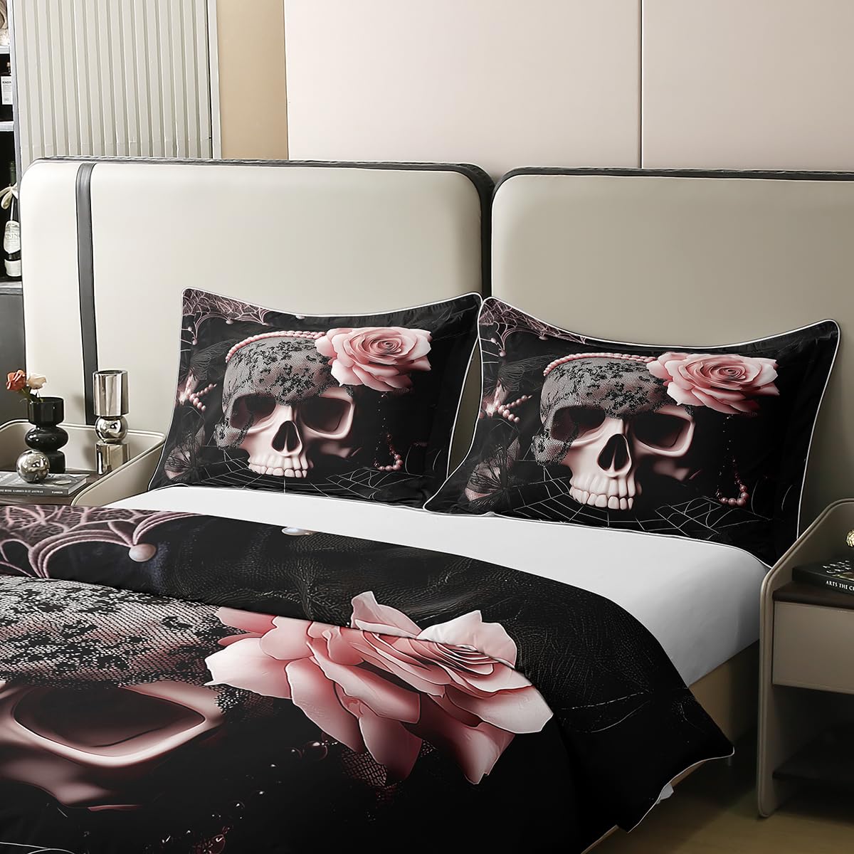 Homewish Skull & Pink Rose King Size zestawy pościeli gotyckie kwiatowe róże bawełna poszewka na kołdrę dla kobiet mężczyzn, czarne gotyckie kwiaty vintage poszewka na kołdrę | Halloween pajęczyna