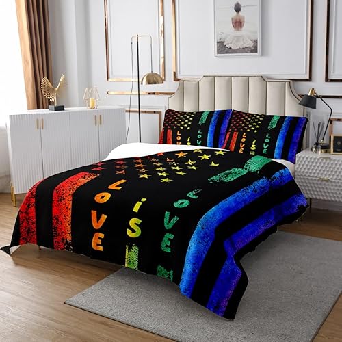 Juego de ropa de cama de 3 piezas con bandera estadounidense Aldult para mujer, ropa de cama ligera con rayas arco iris, juego de colcha con