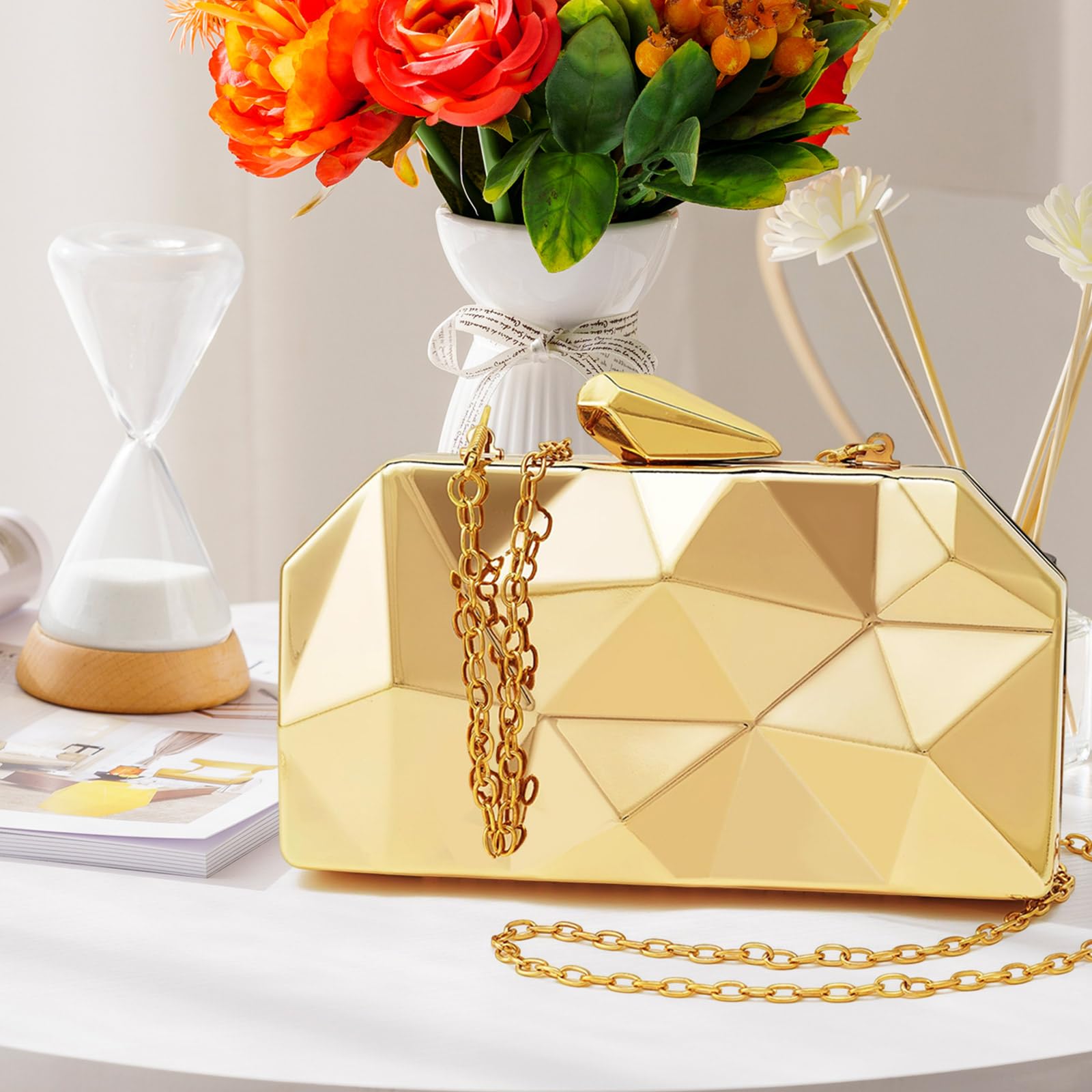 Pochette da sera metallizzata, motivo geometrico a reticolo, pochette da sera con cinturino a catena, per feste di nozze, eventi formali