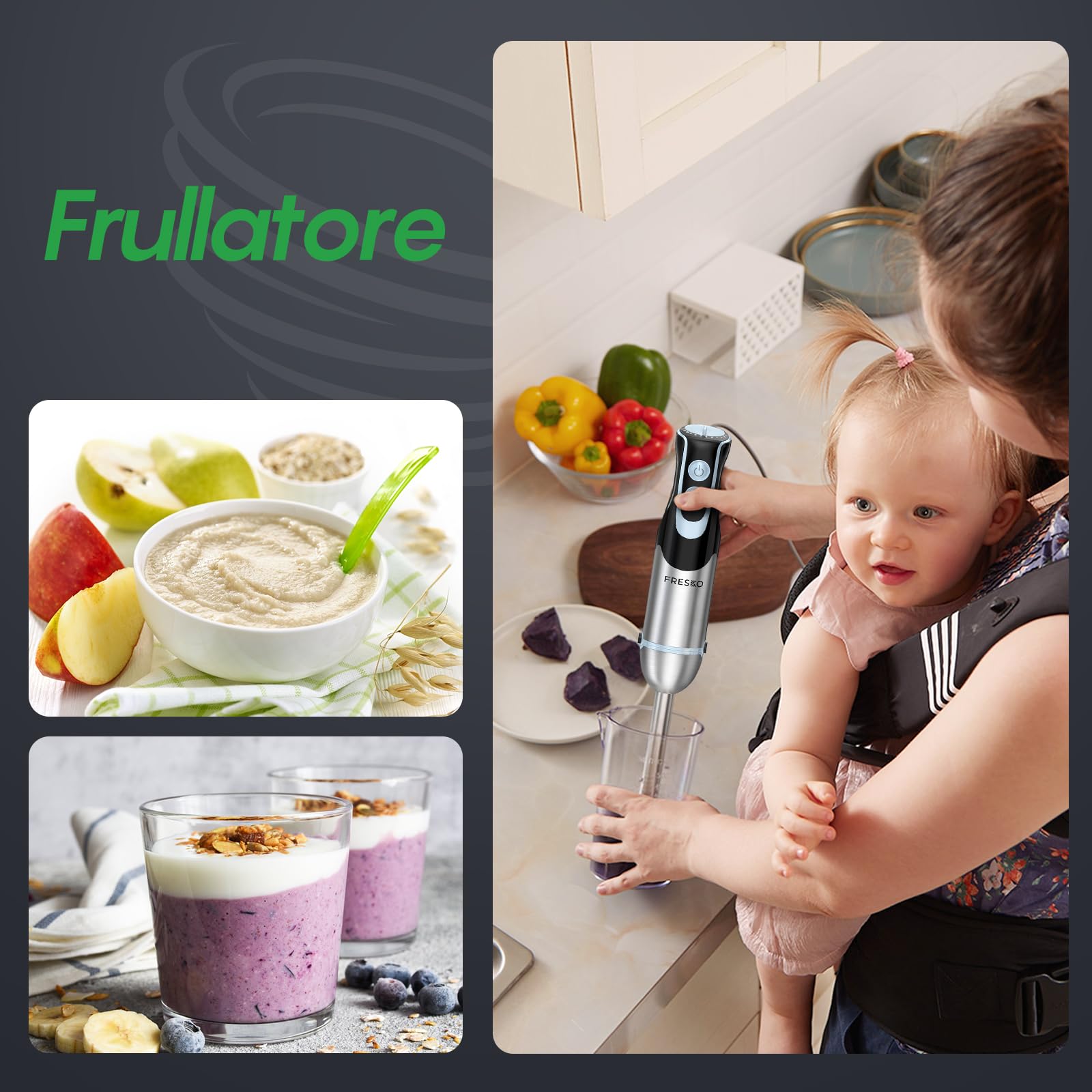 FRESKO Frullatore a Immersione 4-in-1, 1000 W Minipimer Immersione in 304 Acciaio Inossidabile, con 12 Velocità e Modalità Turbo, Antispruzzo Design, Include Misurino, Tritatutto e Frusta (HB3302)