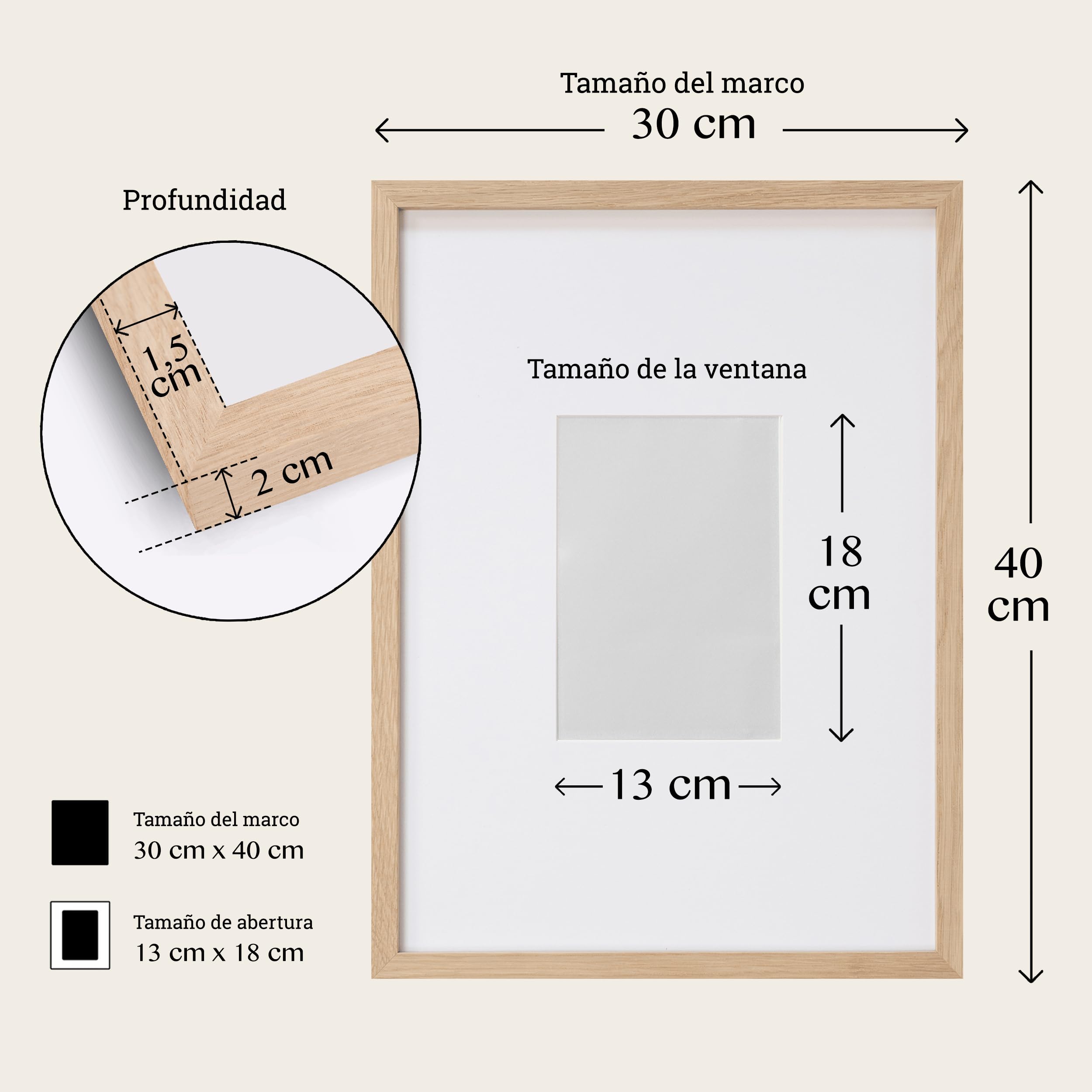 Set de 2 Marco Madera 30x40 Natural con Vidrio Acrílico Antirrayas y Antirroturas - Marco con Passepartout, Roble Macizo FSC para Fotos y Cuadros