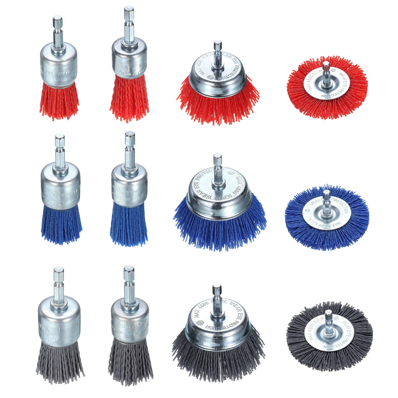QUARKZMAN 12 Pezzi Spazzole A Tazza In Filamento Di Nylon Per Trapano Set Di Spazzole Abrasive Con Codolo Esagonale Da 1/4" Misure 1" 1 1/6" 3" Per Rimozione Ruggine Corrosione