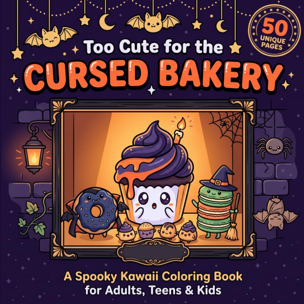 Too Cute for the Cursed Bakery: A Bold and Easy Kawaii Halloween Coloring Book with Cozy Spooky Scenes for Adults and Kids (Too Cute for Halloween)