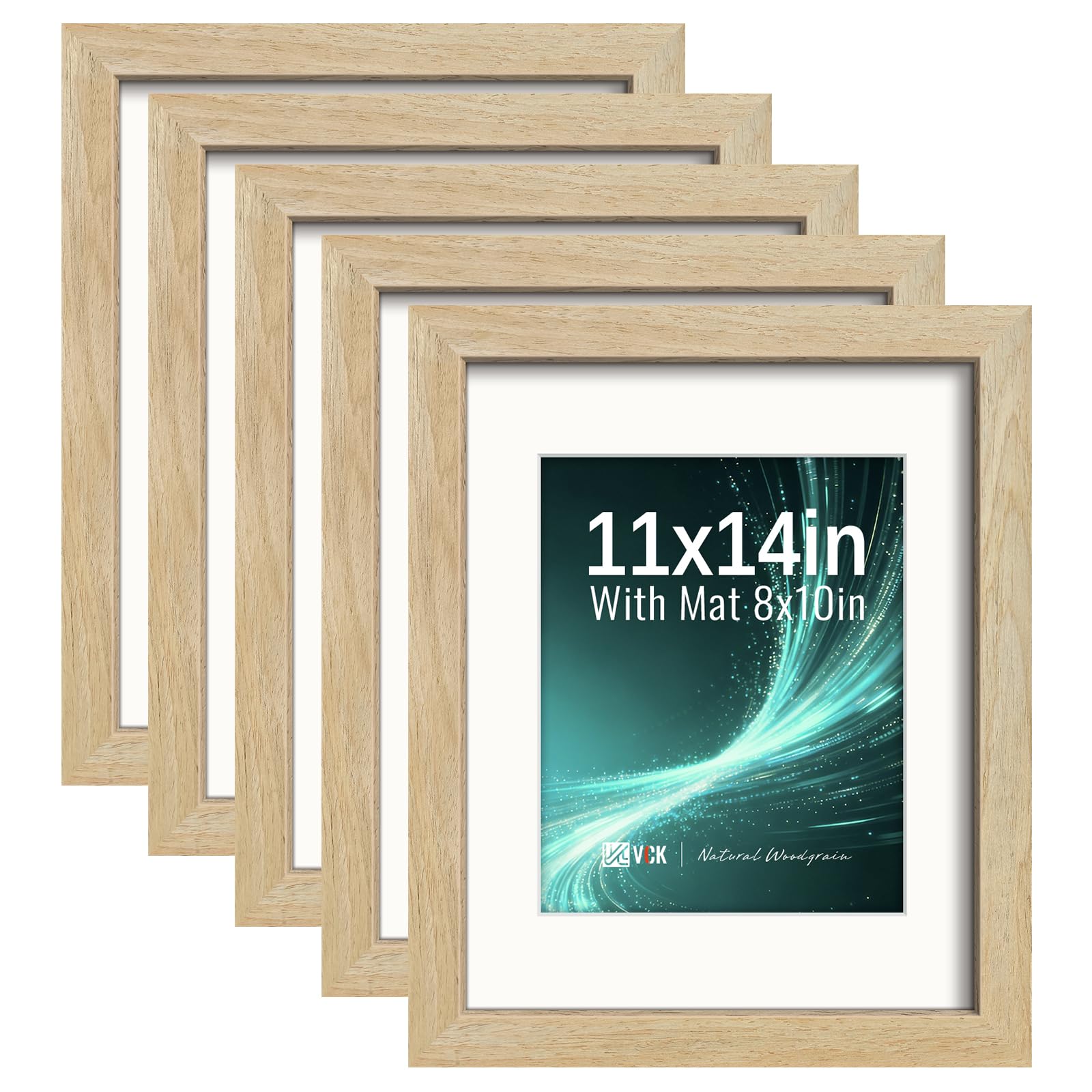 VCK 11x14 Picture Frame 5 Pack, Natural Exclusive Wood, HD Glass, for Photo
