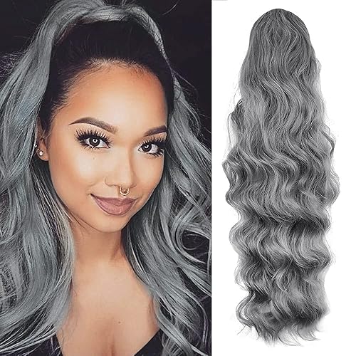 Kethbe 24 pulgadas largo Cuerpo onda Ponytail extensión del pelo sintético, resistente al calor, cordón para envolver pelo ondulado extensiones para