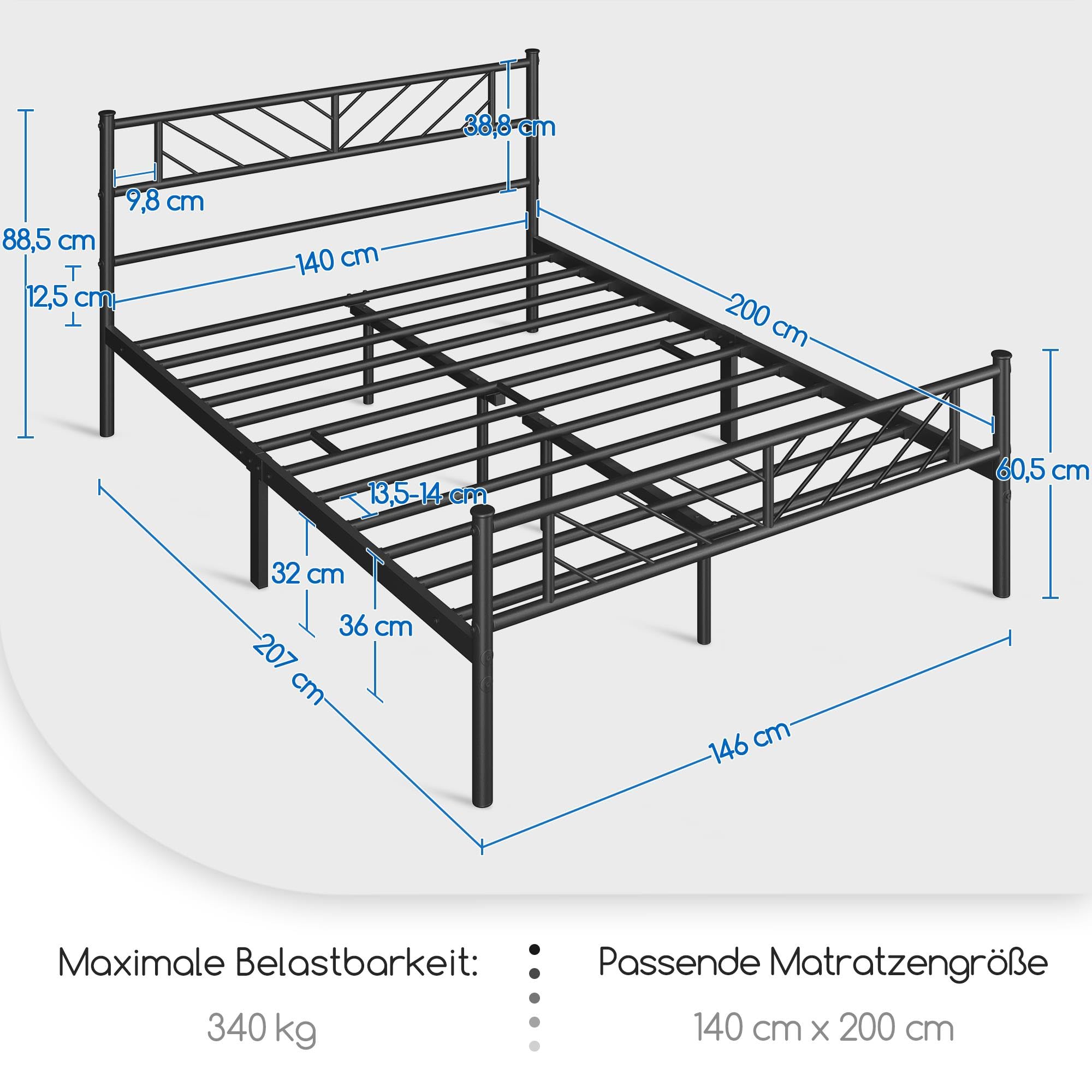 Yaheetech Metallbett 140 x 200 cm Minimalistischer Bettrahmen mit Kopfteil Gästebett mit Lattenrost für Schlafzimmer Gästezimmer 32cm Höhe unter dem Bett Schwarz – Bild 2
