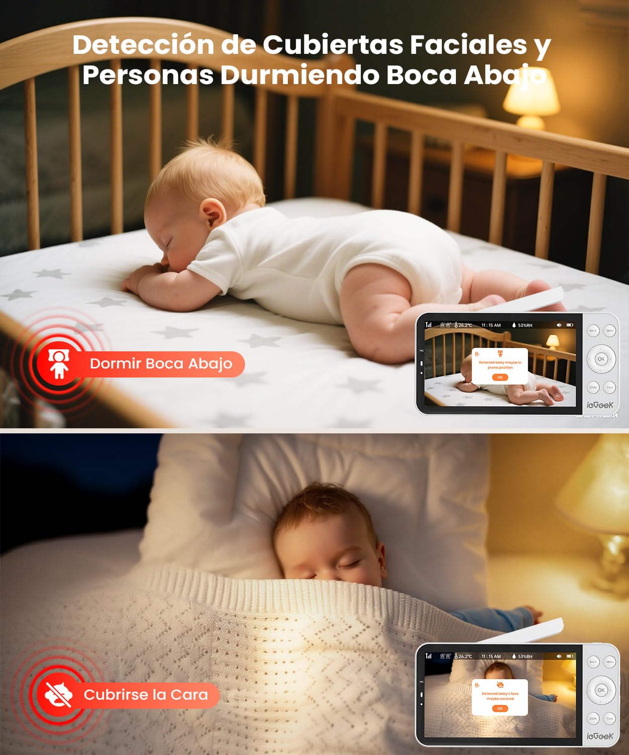ieGeek 5.5" 2.5K/4MP Camara Vigilancia Bebe WiFi, Alerta de Cara Tapada y Dormir Boca Abajo, Colorida Luz Nocturna, 360° Seguimiento Movimiento Vigilabebes con Camara, VOX, Compatible Echo