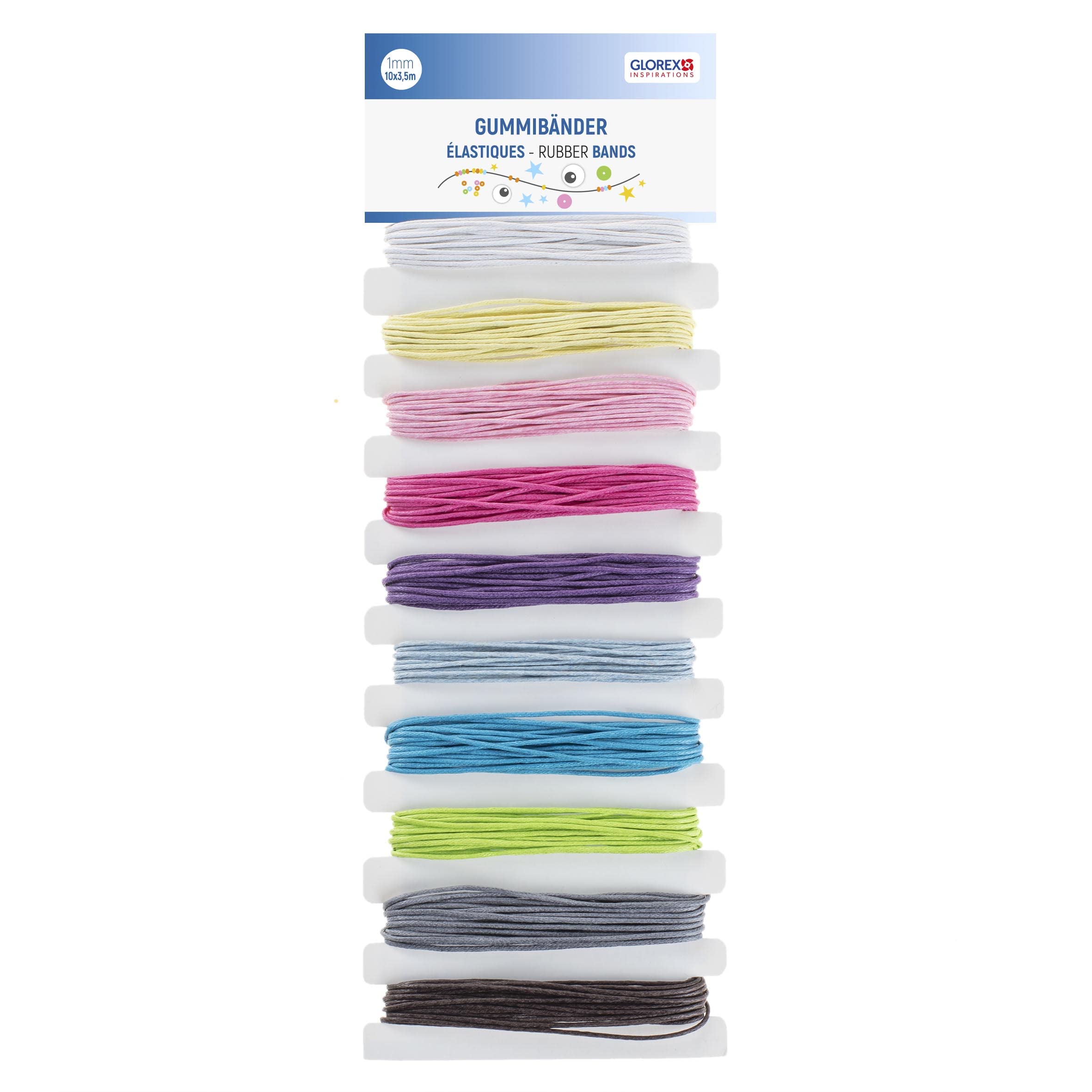 GLOREX 6 1630 361 — Set of 10 elastic bands in different colors, length of each band approx. 3 m, for crafting, decorating and being creative