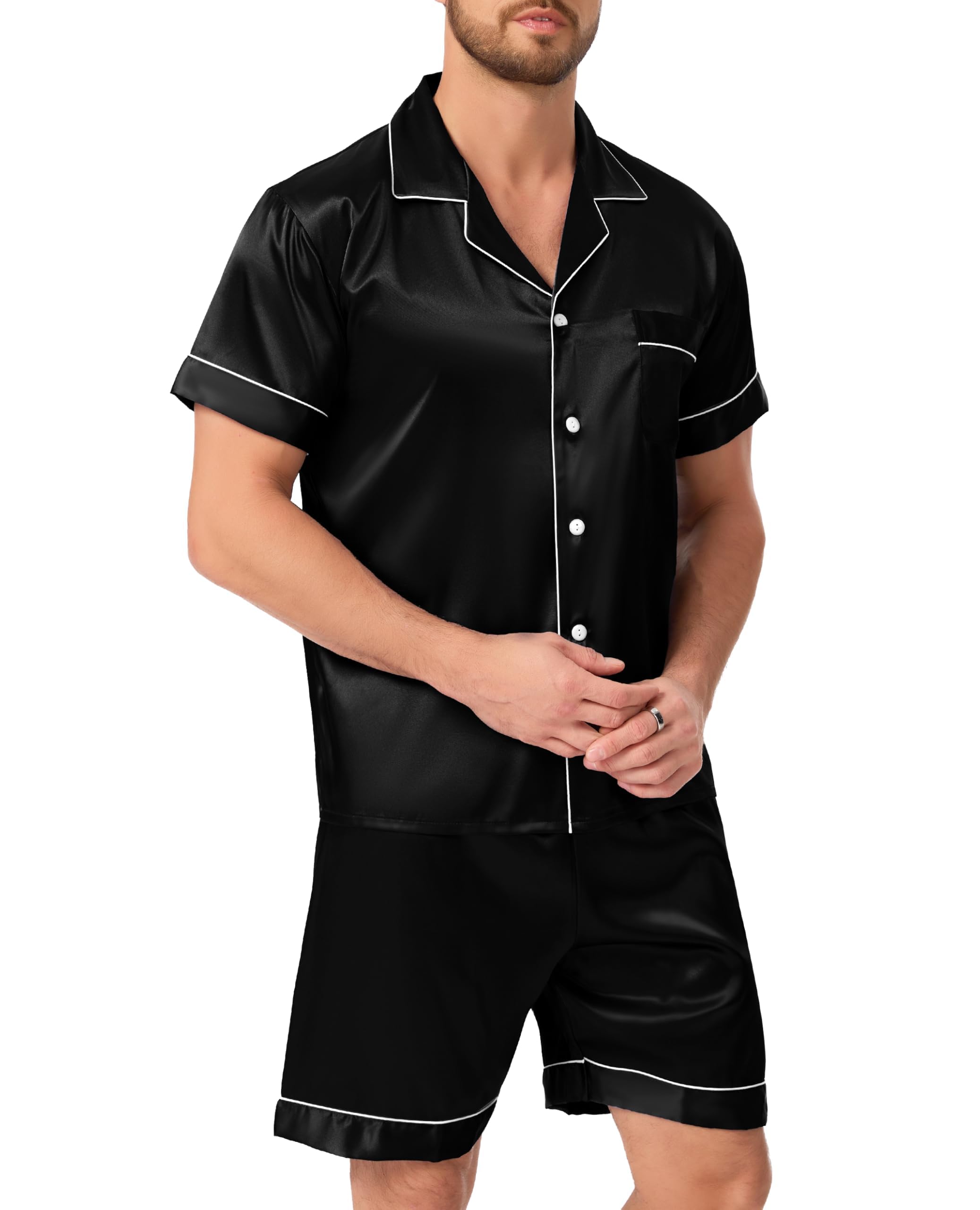 Lovasy Pigiama Uomo in Raso Estivo con Bottoni Davanti Pigiami Set Corta Scollo a V e Maniche Corte 2 Pezzi Seta Pigiama da Casa Leggero T-Shirt