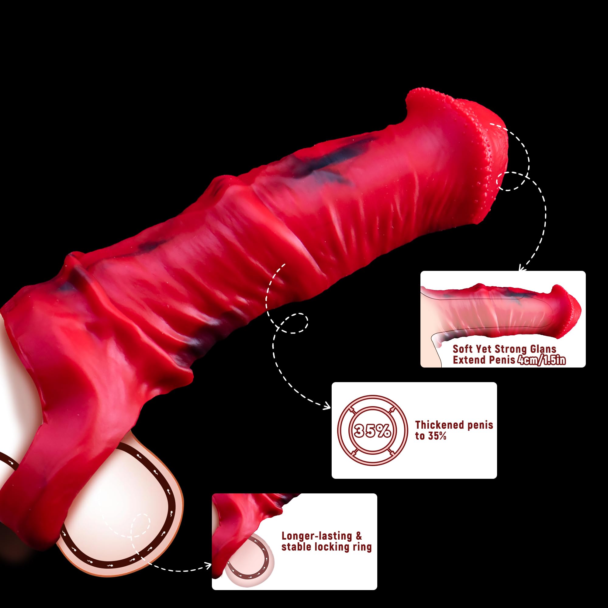 Guaina di estensione in silicone a forma di cavallo per pene maschile con fibbia estensibile per aumentare la lunghezza e la circonferenza (rosso)