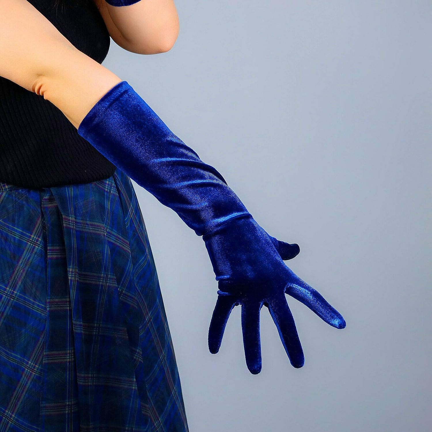 Women Velvet Gloves Elbow Long Stretchy Elastic Flannel Deep Royal Blue Tech Party Gift Gloves