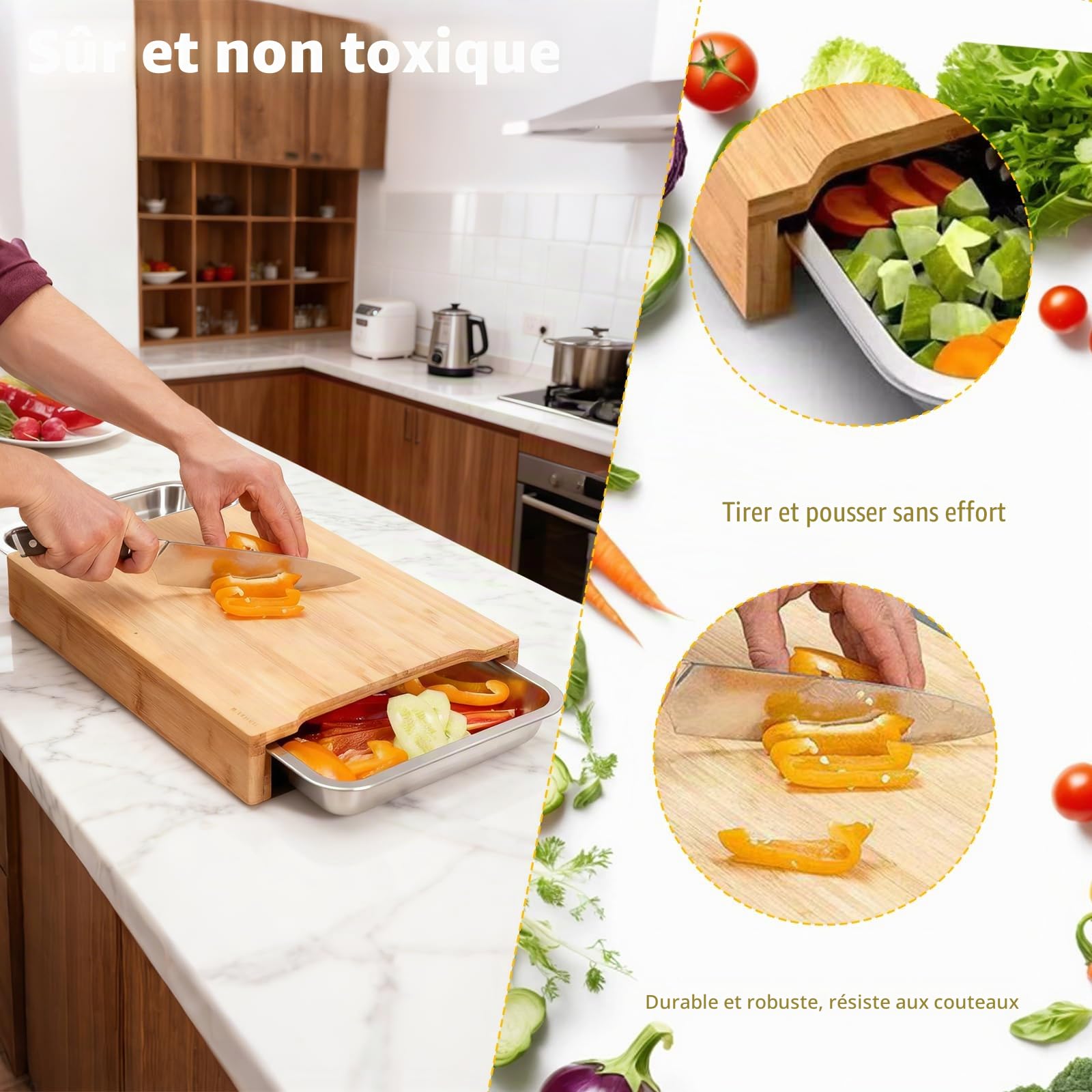 Planche à découper en bambou avec 2 plateaux coulissants en acier inoxydable pour la préparation des aliments, de la viande, des légumes