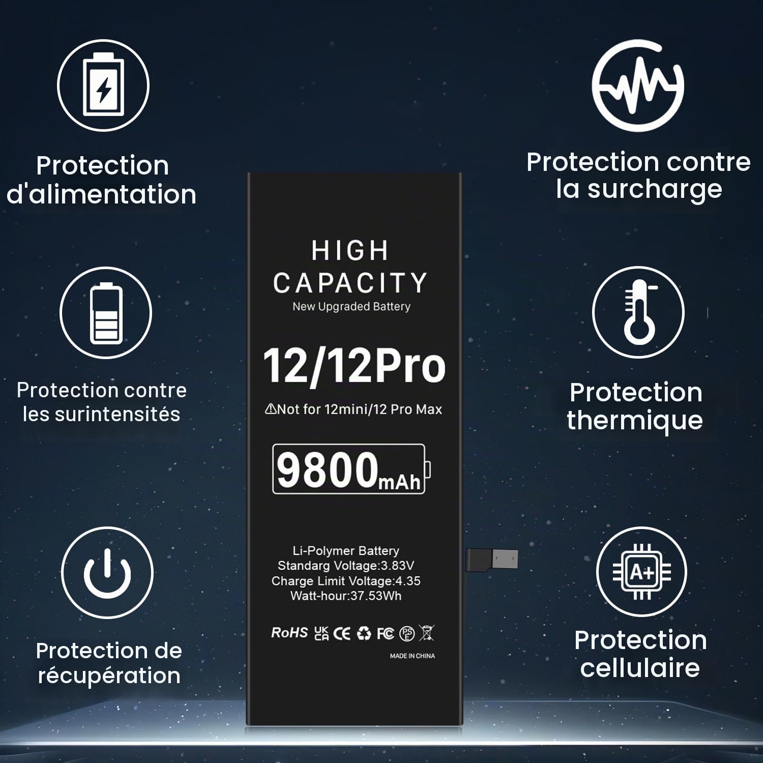 [9800mAh] Batterie pour iPhone 12, Haute capacité Remplacement de Batterie pour iPhone 12 et 12 Pro modèles A2172, A2402, A2403, A2404 avec kit d'outils
