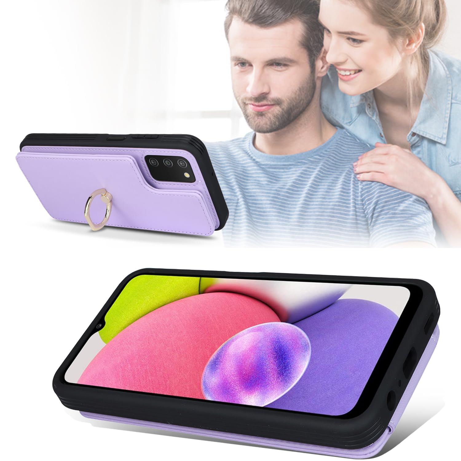 Lipvina Funda para Samsung Galaxy A03s con tarjetero, funda para Galaxy A03s para mujer, tarjetero de crédito, soporte de anillo y bloqueo RFID para teléfono de 6.5 pulgadas (morado)