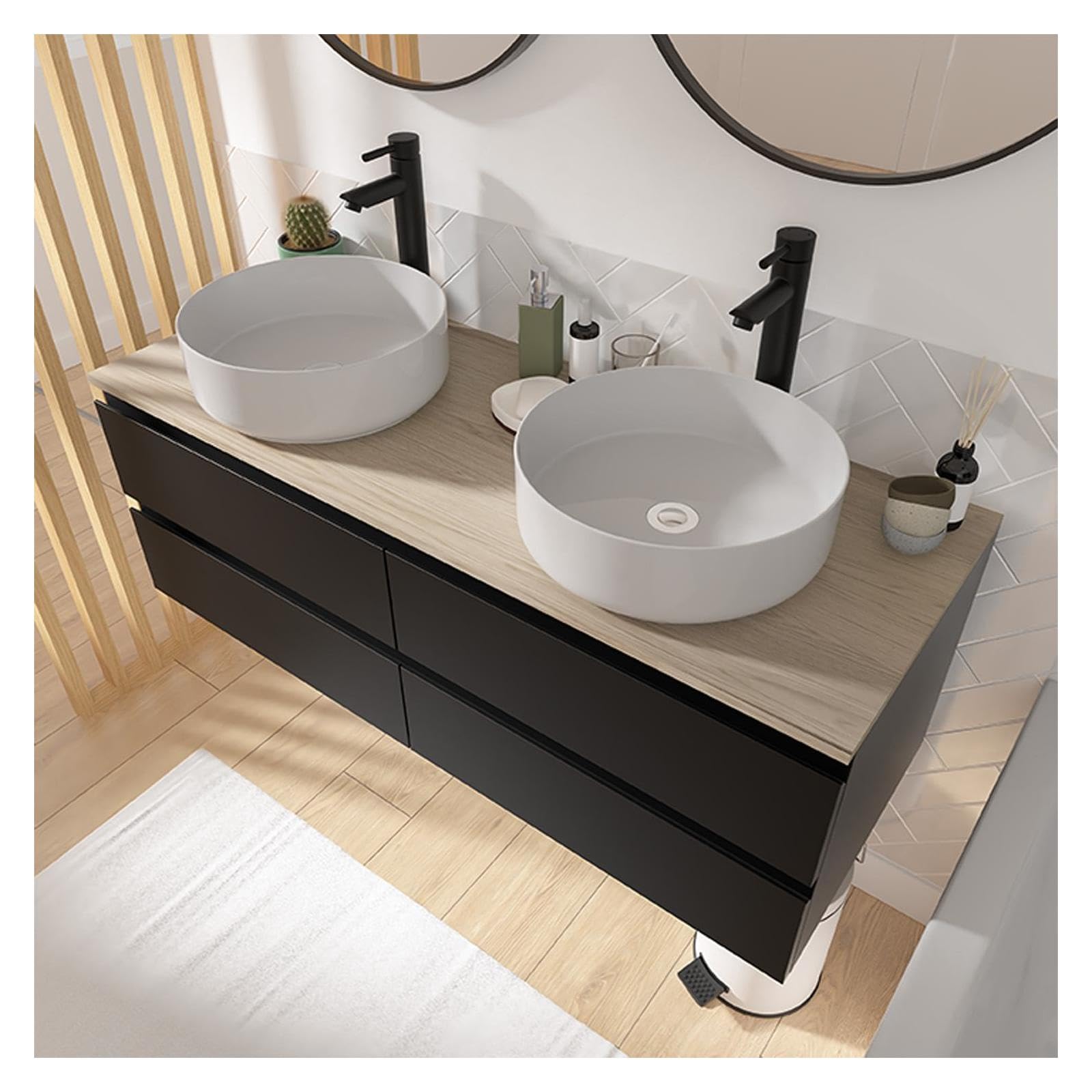 MOB-IN Meuble Double Vasque Sorrento Suspendu avec Plan Effet Bois 120 cm