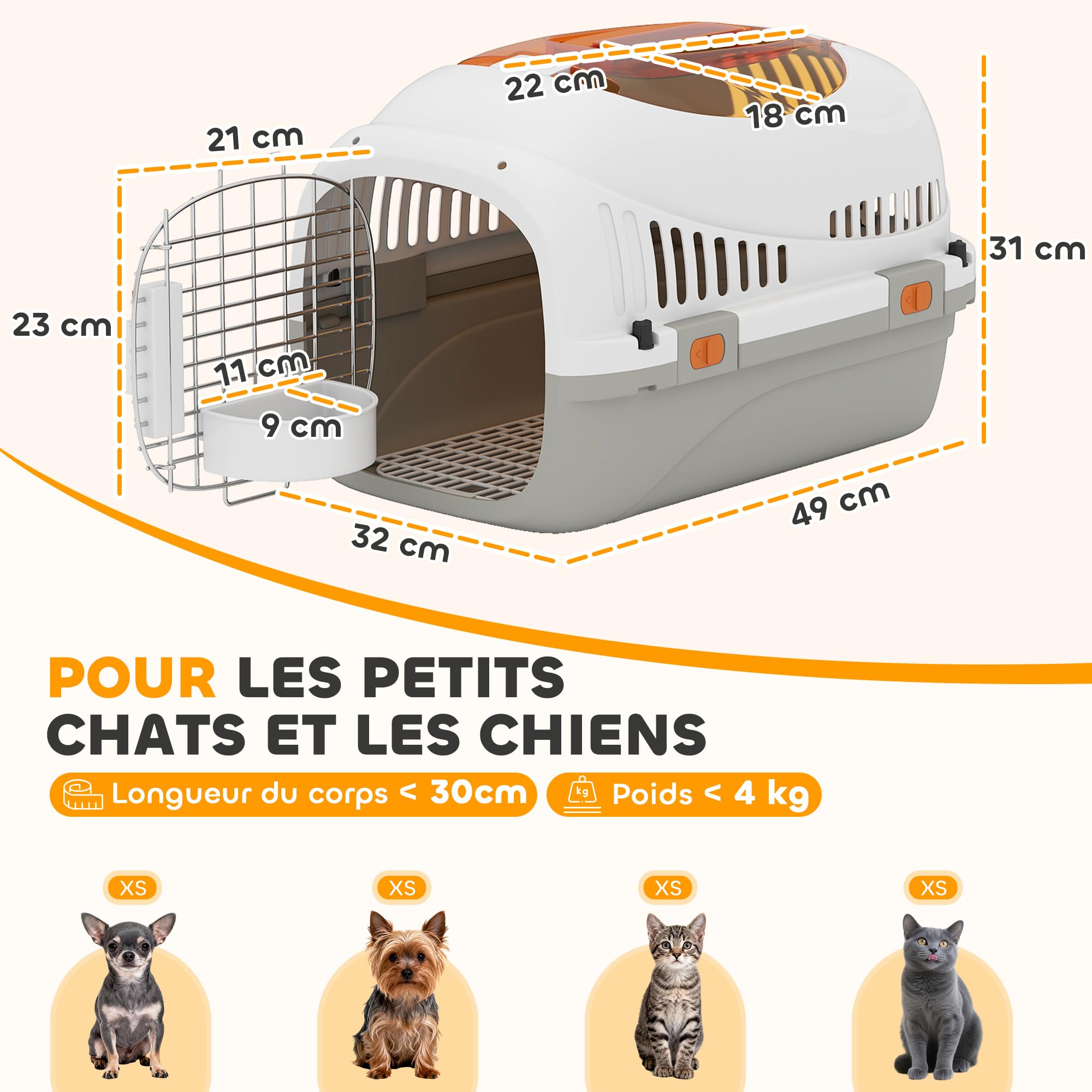 PawHut Caisse de Transport Chat et Chien, Cage de Transport pour Chats et Petits Chiens jusqu'à 4 kg, Porte Acier, Bol de Nourriture, Fermeture sécurisée, 49 x 32 x 31 cm, Gris et crème