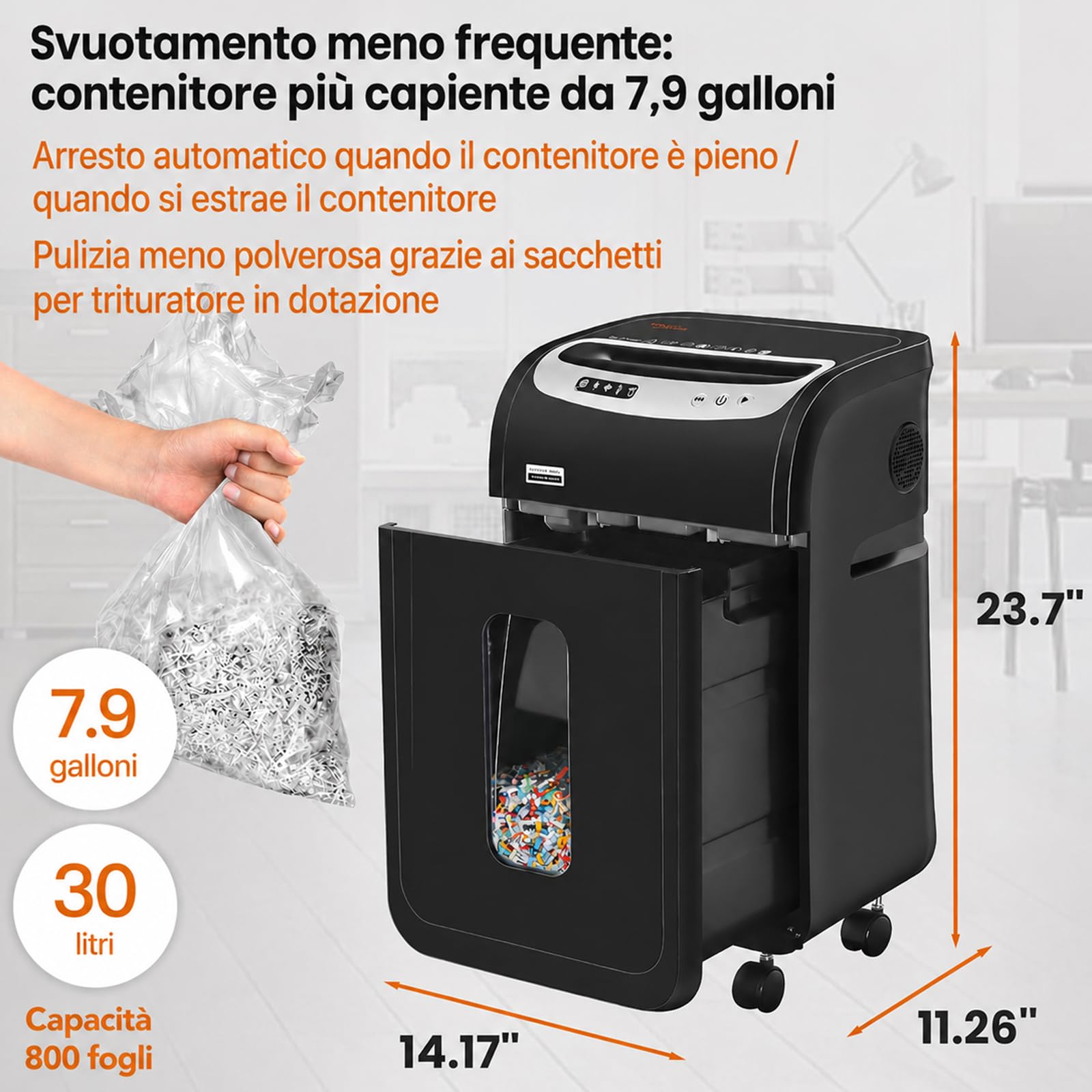 Distruggi documenti da 18 Fogli, VidaTeco Micro-Cut Tritacarte per CD e Carte di Credito, 60 Minuti di Uso Continuato, Cestino da 30 Litri, Trituratore ad Alta Sicurezza(P-4) per Casa e Ufficio, Nero