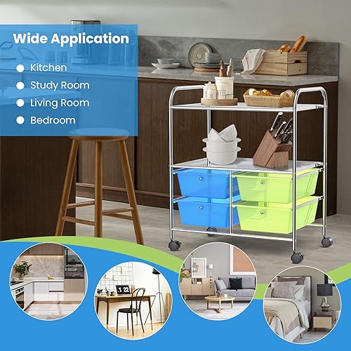 Miniatura 7 de COSTWAY Carrito de almacenamiento rodante con 4 cajones, 2 estantes, carrito organizador de utilidad para oficina en casa con ruedas, carrito de