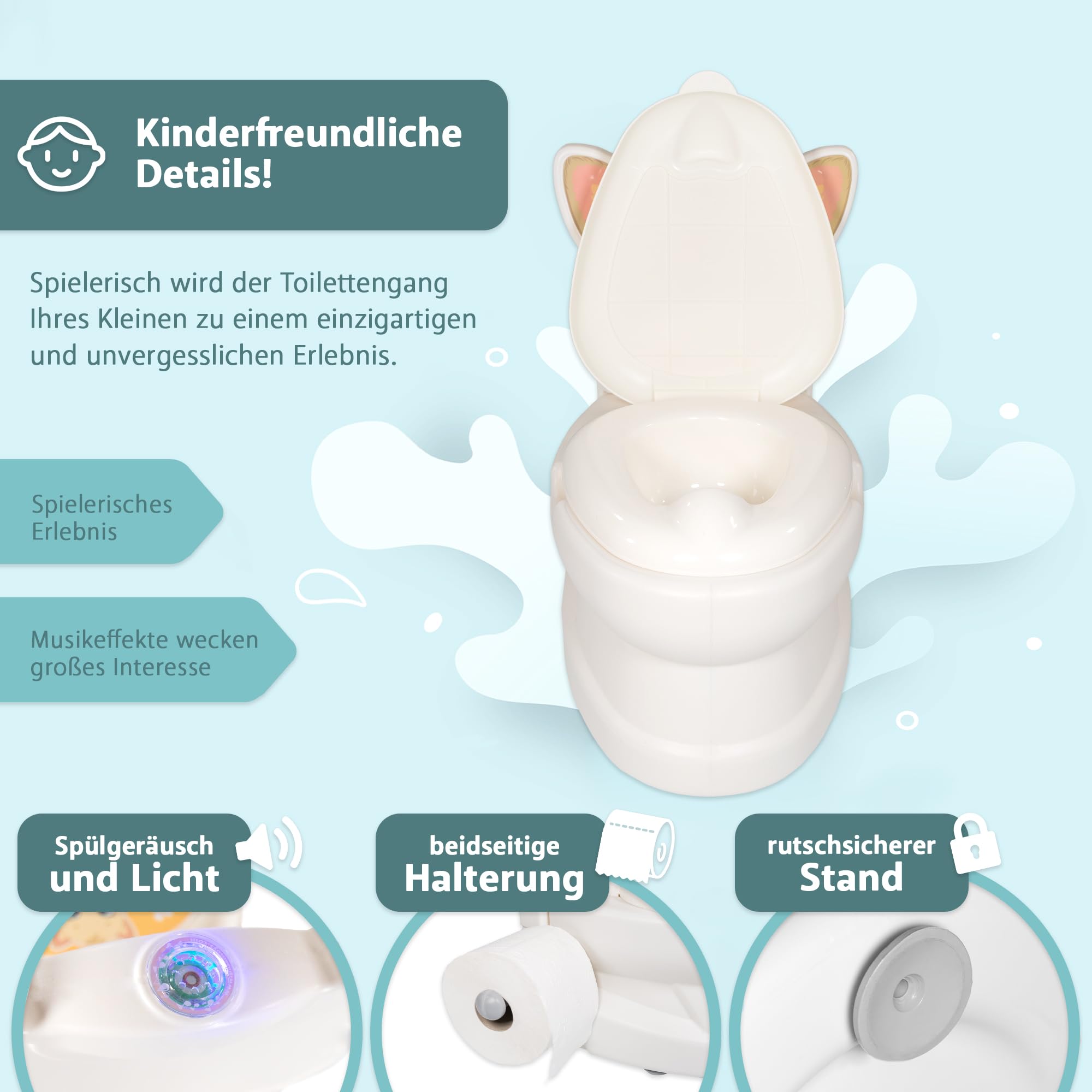 Lemodo Kindertöpfchen Töpfchen Kinder ab 18 Monate Kindertoilette Babytopf mit Spülgeräusch herausnehmbarer Innenbehälter rutschhemmender Boden Toilettenpapierhalter Töpfchentraining (Katze)