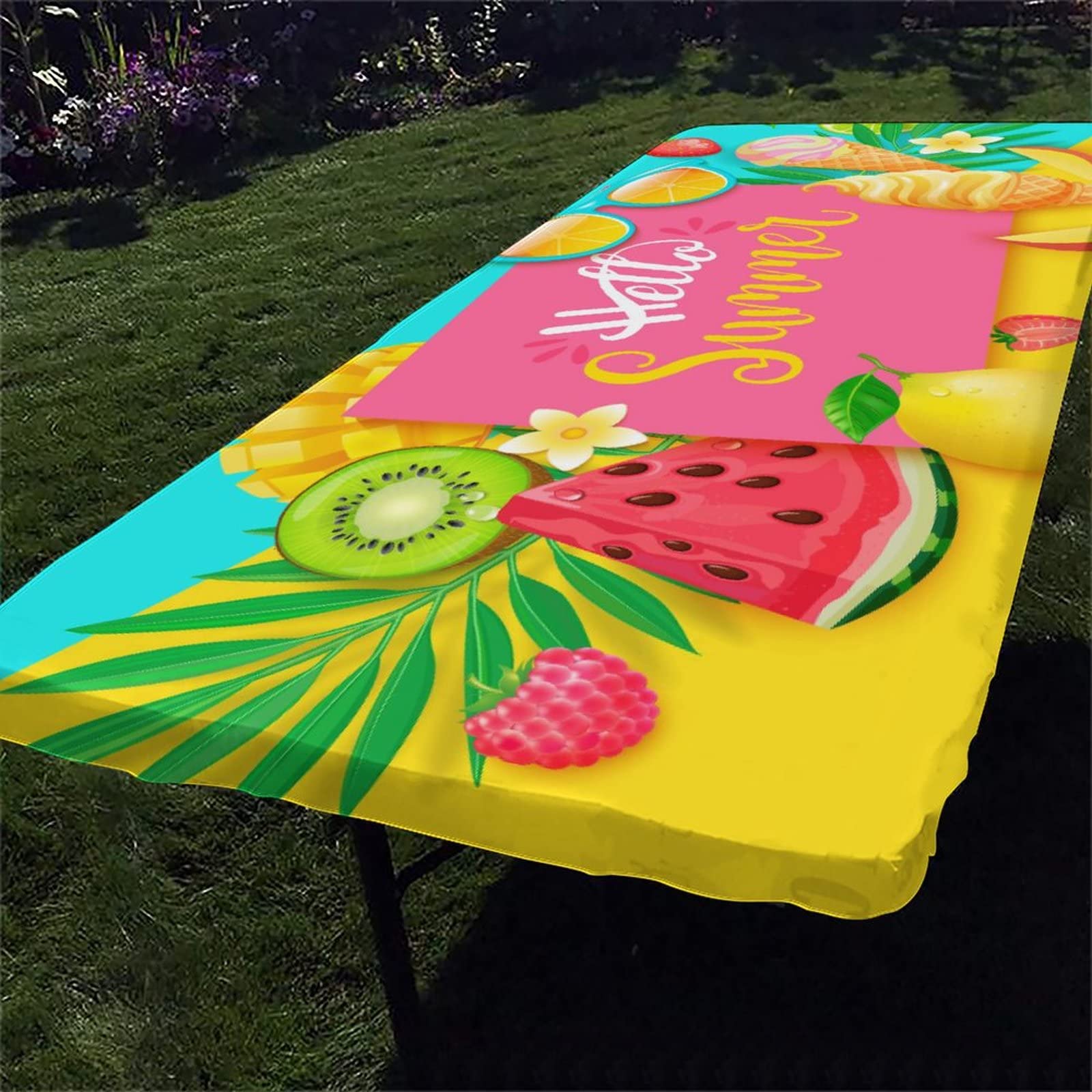 SongYi Summer Tablecloth Rectangle, Waterproof Fitted Table Cloth for Outdoor Picnic Parties, Fresh Theme Elastic Edged Washable Cover 4 Foot Folding Table, HotPink Yellow, ft, 24x48 inch