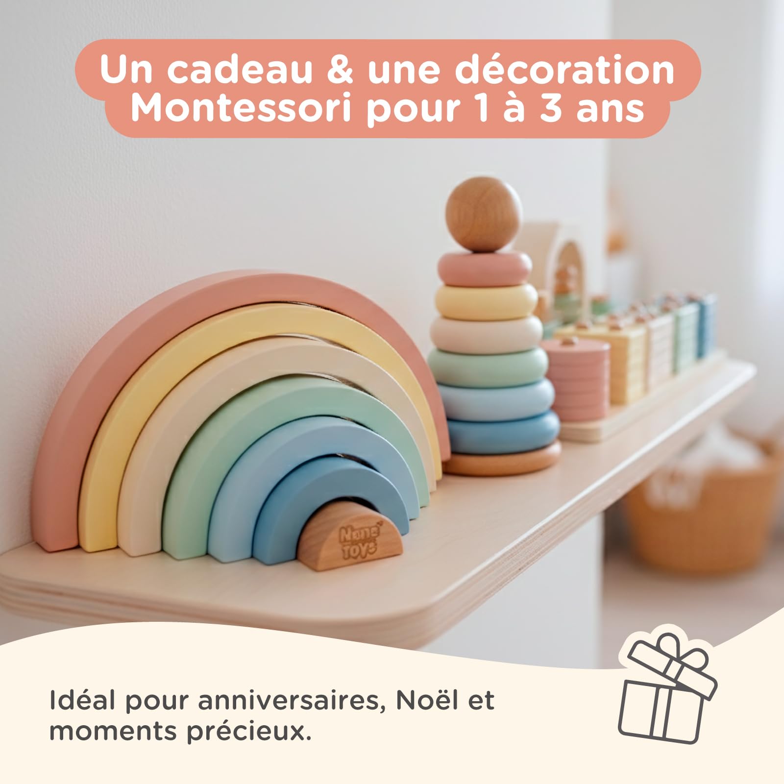 Nene Toys Jouet Montessori en Bois 3-en-1 pour Bébé 1 an – Arc-en-Ciel en Bois, Tour à Empiler & Jeu d’Encastrement – Jouet d’Éveil Enfant 1–3 Ans – Idée Cadeau Fille Garçon – Couleurs Pastel