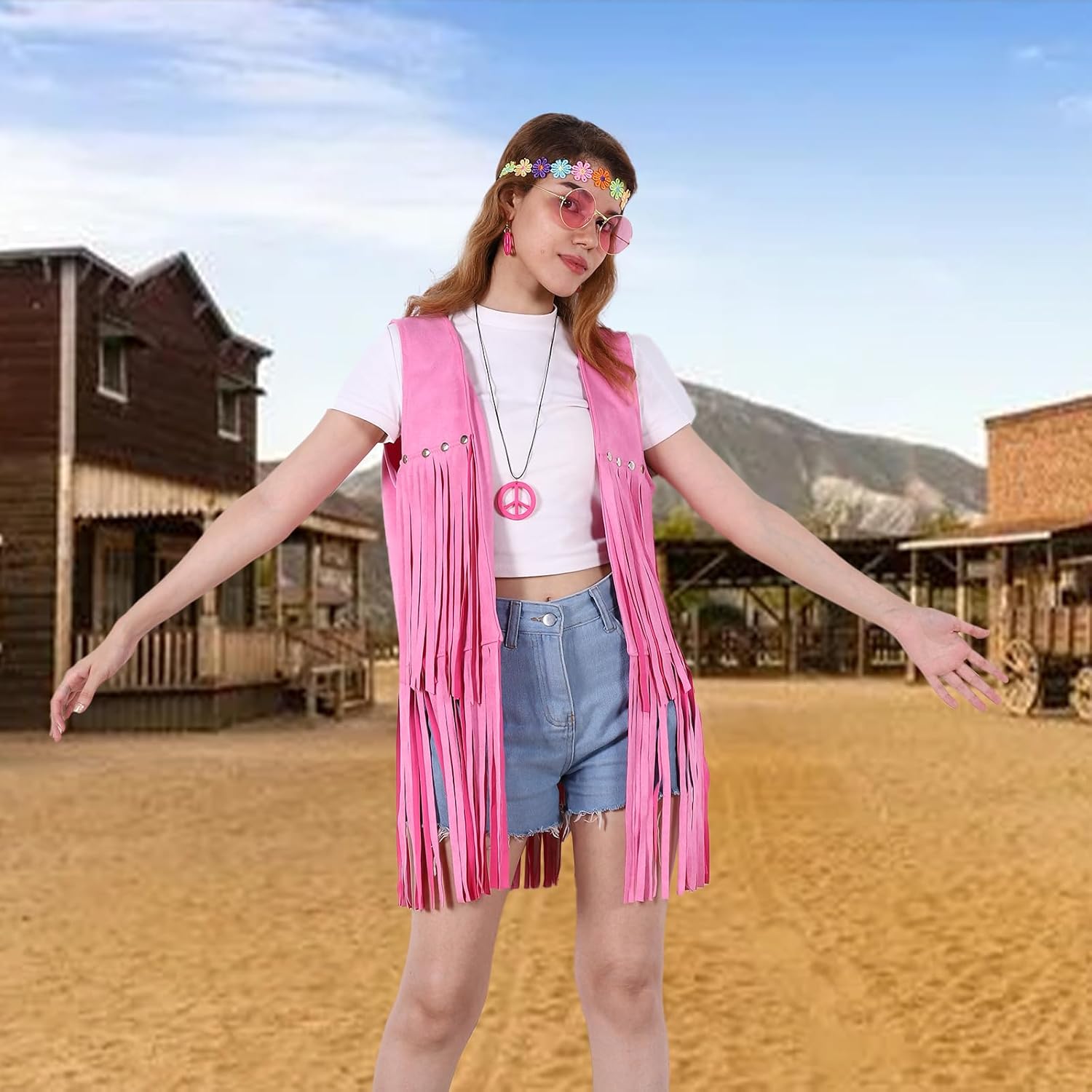 Women Fringe Vest 70s Hippie Costume Faux Suede Rivets Tassel Sleeveless Cowgirl Western Costume Jacket Outerwear - Image 4