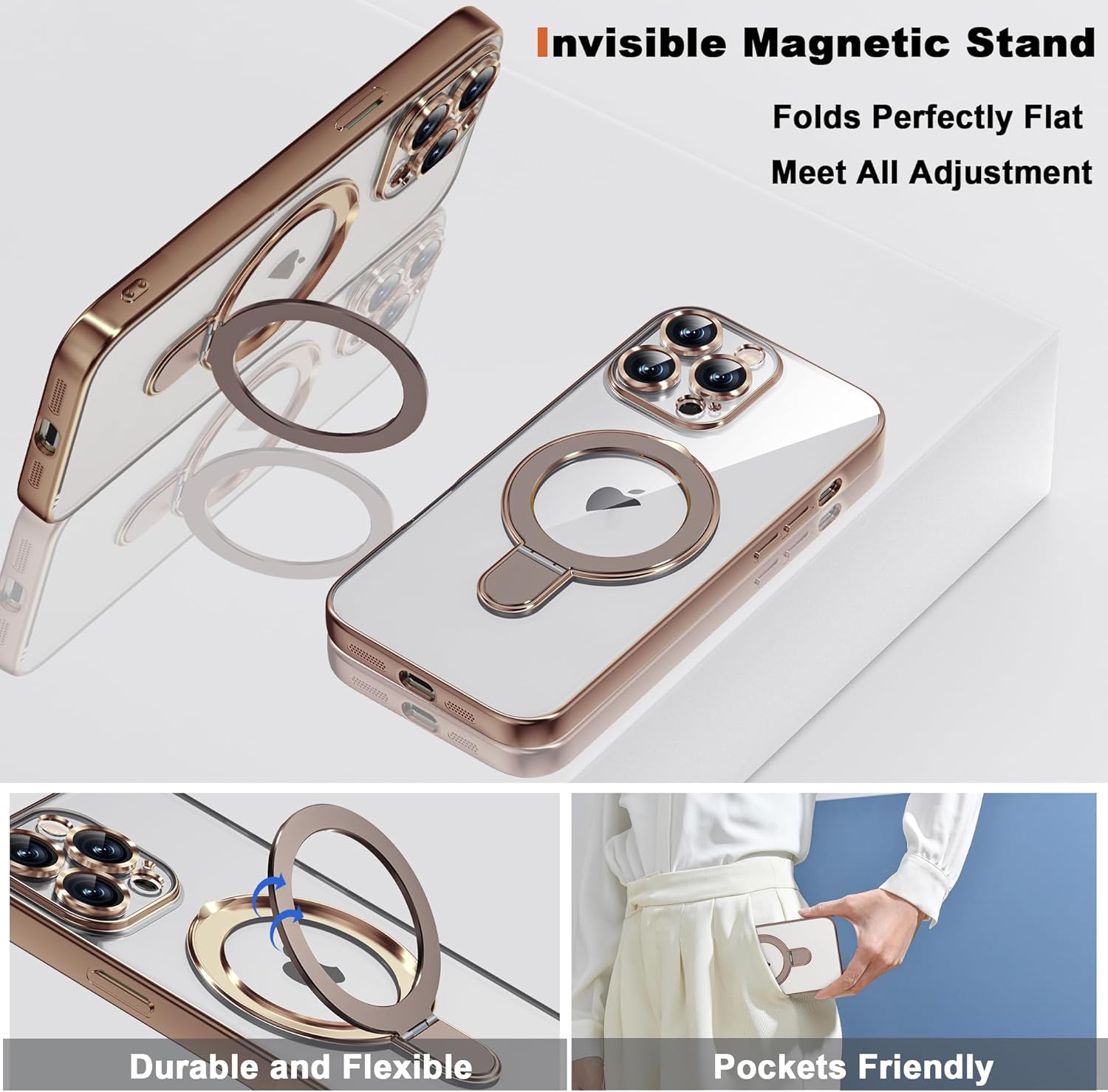 Compatible with iPhone 13 Pro Case with Magnetic Ring Stand [Compatible with Mag-Safe] [Full Camera Lens Protector] Soft Plating Clear Phone Case for iPhone 13 Pro 6.1", Desert Gold