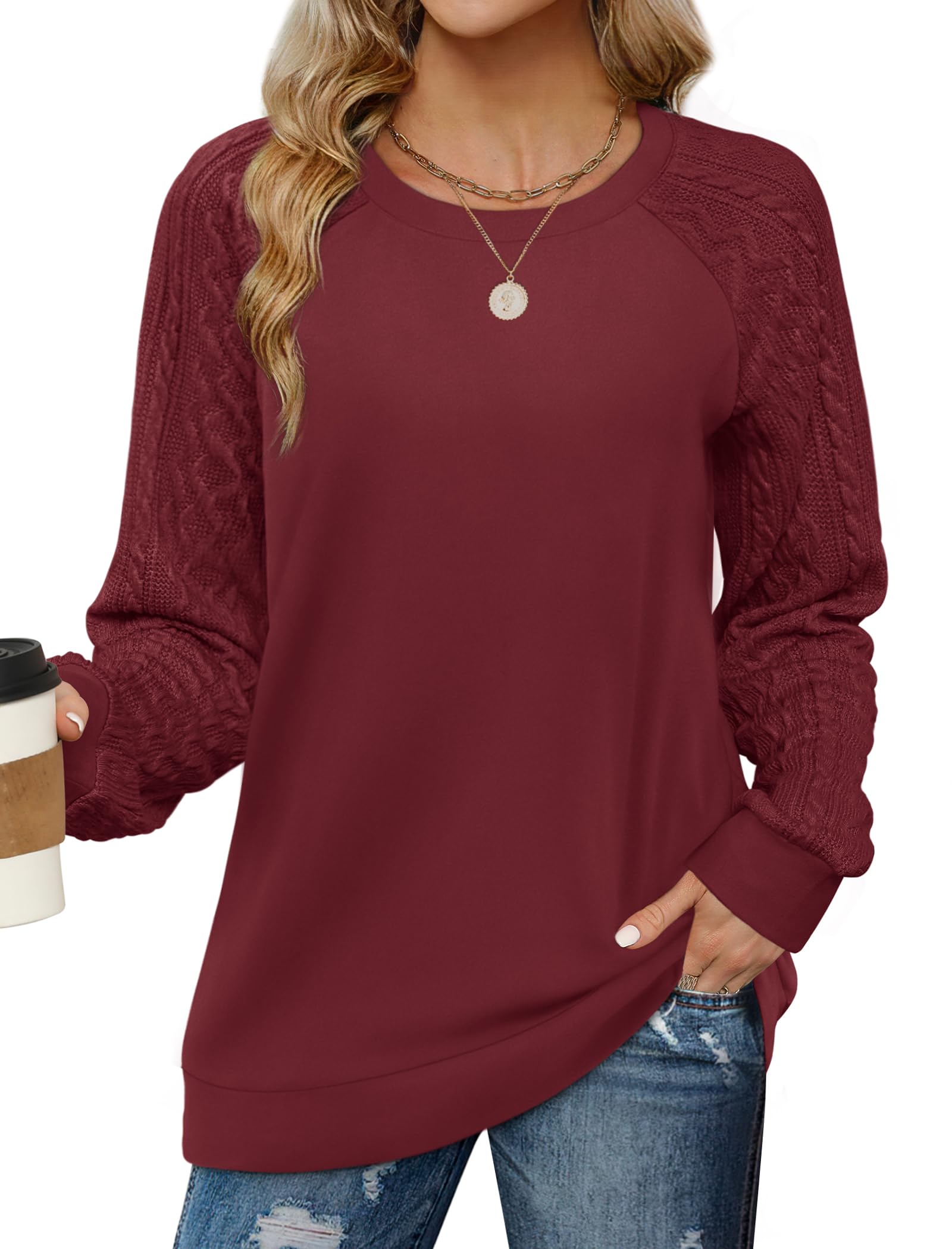 Saloogoe Sweatshirts for Women Crewneck Cable Knit Sleeve Sweaters Lightweight Fashion 2025