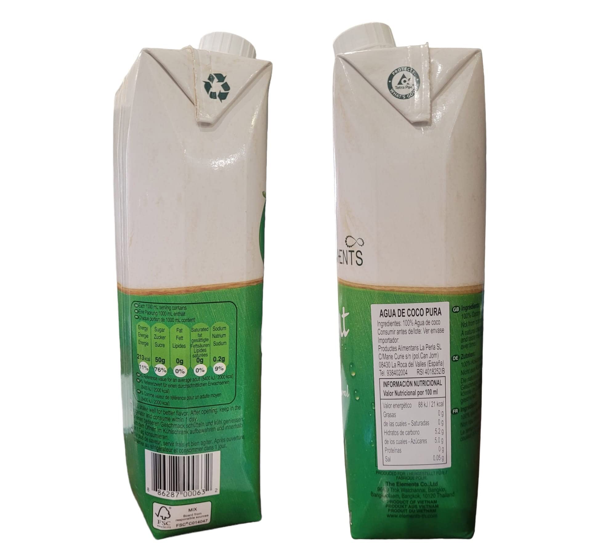 3 paquetes de Agua de Coco The Elements [ 3 x 1000 ml ] By Boemy - 3 litros 100% de Pura Agua de Coco - Pack Coconut Water - Importada desde Tailandia -
