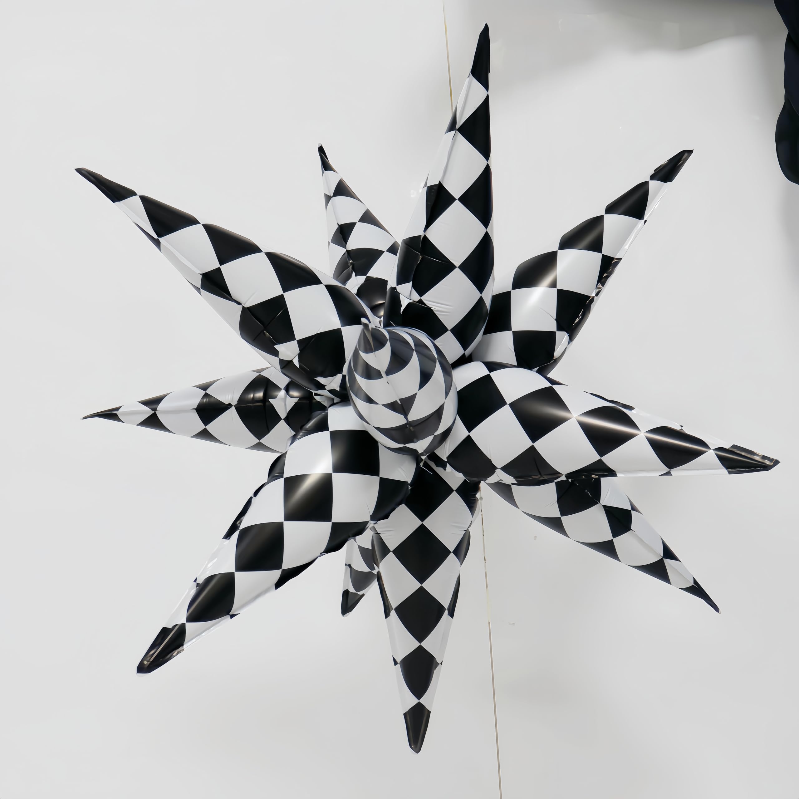 2*12 Pcs Black White Checkered Explosion Pointed Star Foil Balloons/4D Checkered Racing Balloons/Race Car Birthday Party Supplies/Las Vegas Casino Party/Father's Day Boys Birthday Party (2 Pcs Black)