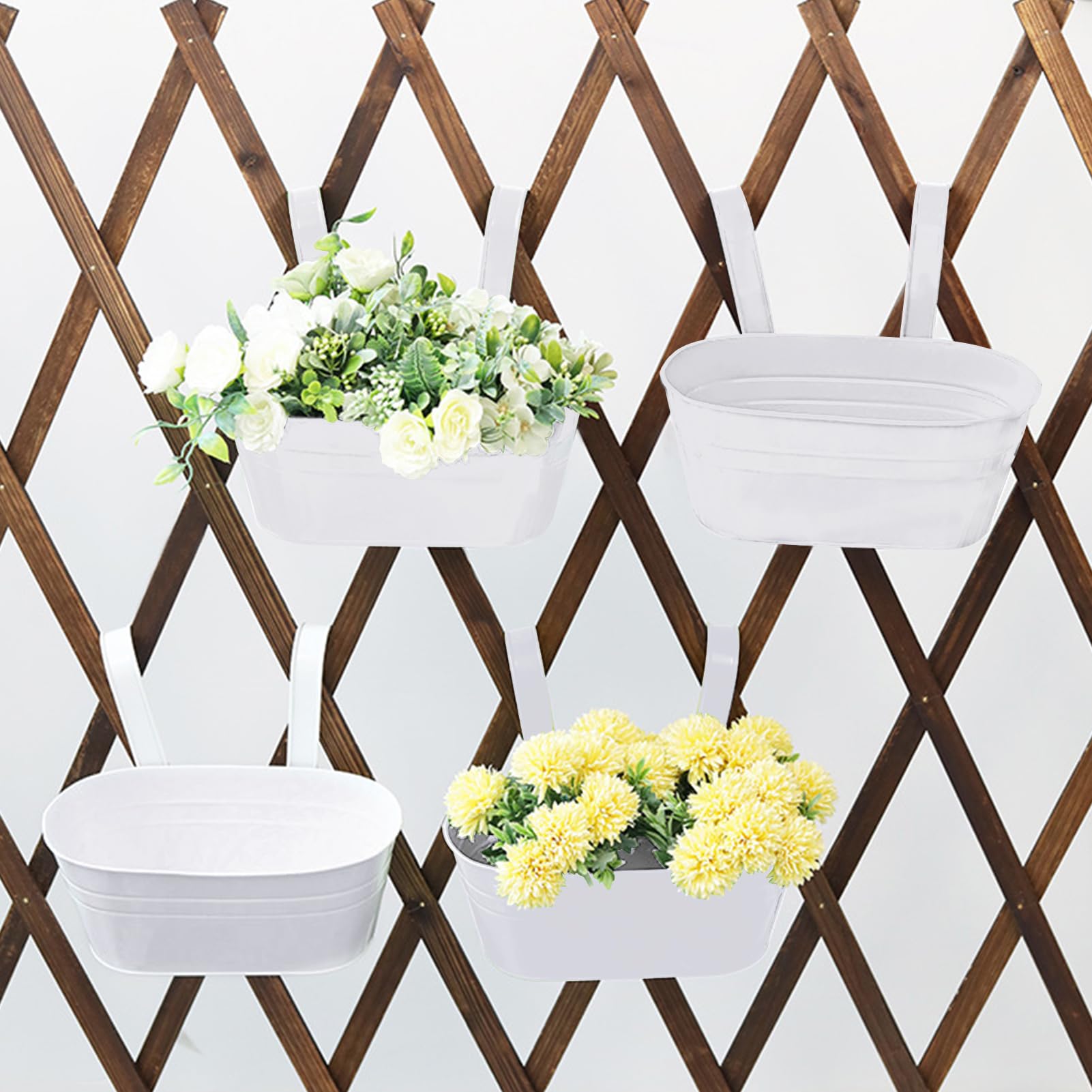 CITÉTOILE 4 Pièces Pots de Fleurs Suspendus en Métal,Pots Suspendus Balcon avec Trou de Drainage, Pots Suspendus Blancs avec Crochet Amovible pour Balcon, Clôture, Jardin, Mur,Maison Décor