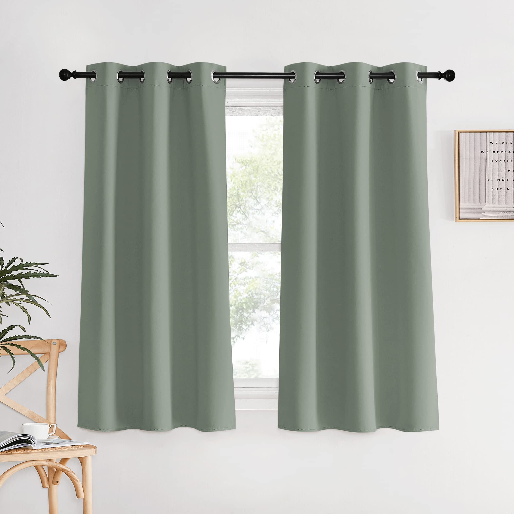 NICETOWN Bedroom Curtain Panels Blackout Draperies, 1 Pair, 34 by 60 inches, Greyish Green, Thermal Insulated Solid Grommet Blackout Curtains/Drapes