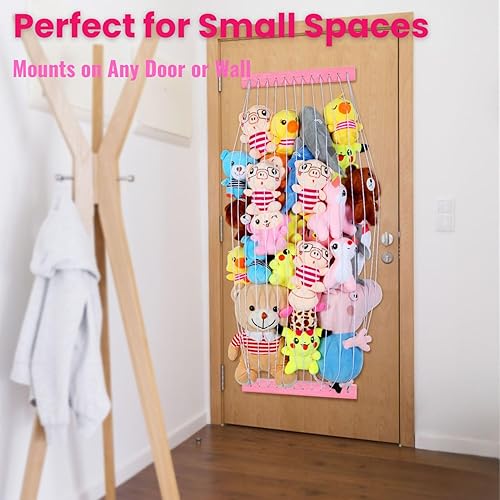 Miniatura 10 de VOMELON Almacenamiento de animales de peluche de madera suave para habitación de los niños, soporte de pared para colgar en la puerta, organizador