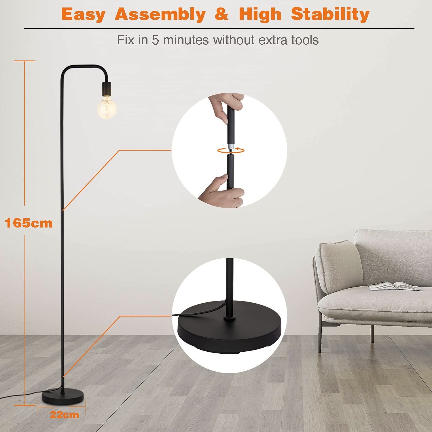 BBHome Lampada a stelo in stile retrò, minimalista, in metallo, con interruttore a pedale, per camera da letto, soggiorno, lettura, ufficio, 165 cm, E27 (nero)