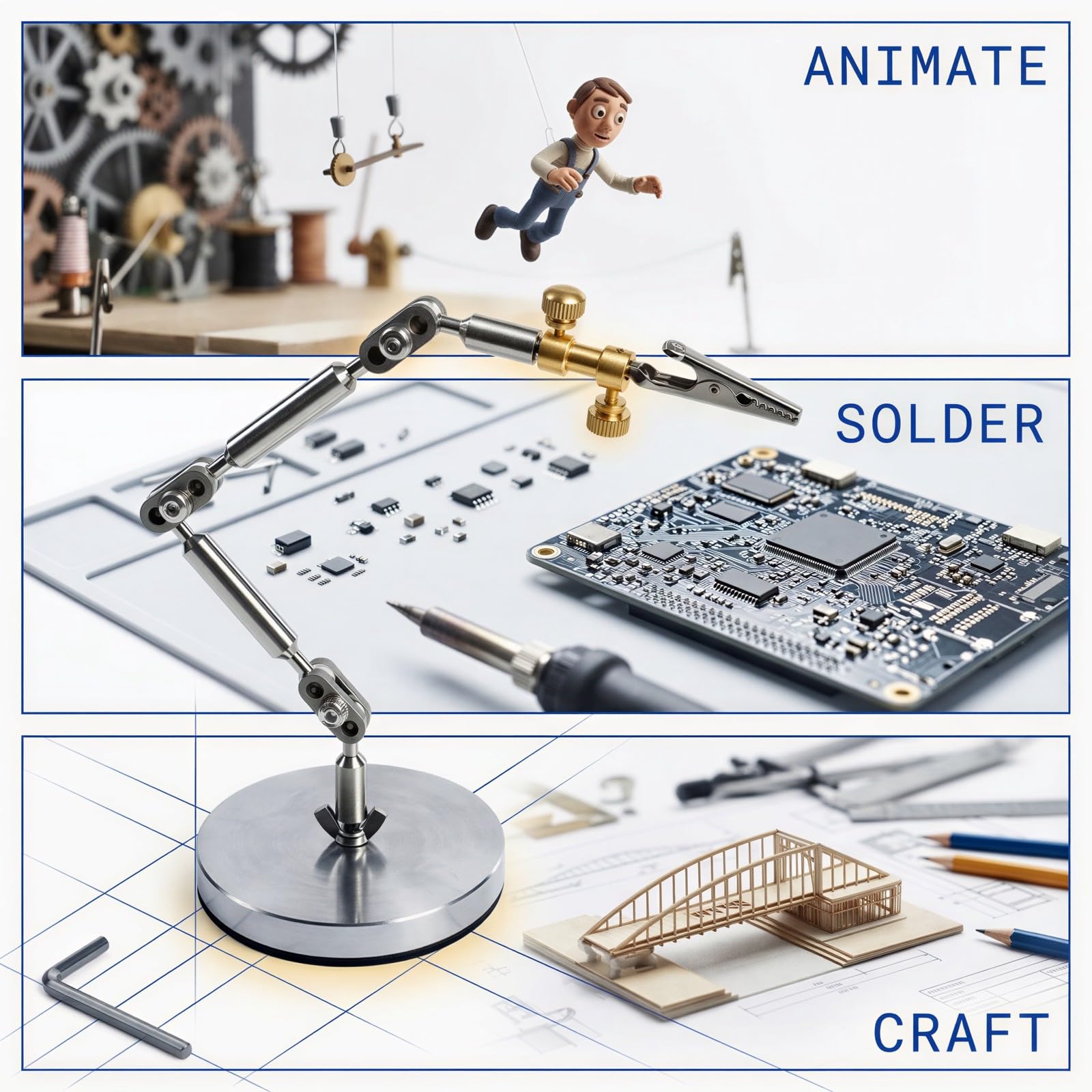 Armatura Stop Motion, braccio di perforazione fai da te con base da 3.1 in / 7,9 cm, sistema di sartiame pronto da montare, morsetti regolabili e chiave a L, per supporto di pupazzi e riprese di