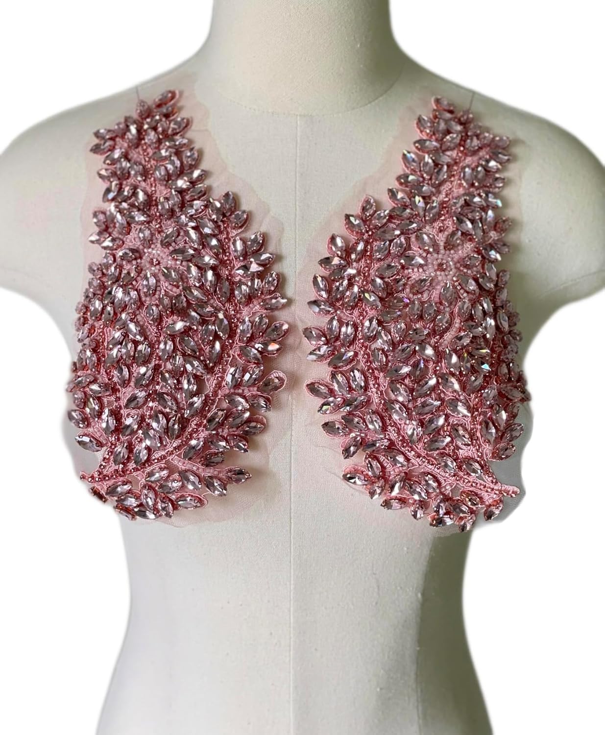 1 Pair Handmade Shining Pink Rhinestones Applique Patches Sewing Beads Sequins Stone Trim Accessories for Wedding Dress Decoration,10.7" *5.9" Leaf Flower Applique (Pink)