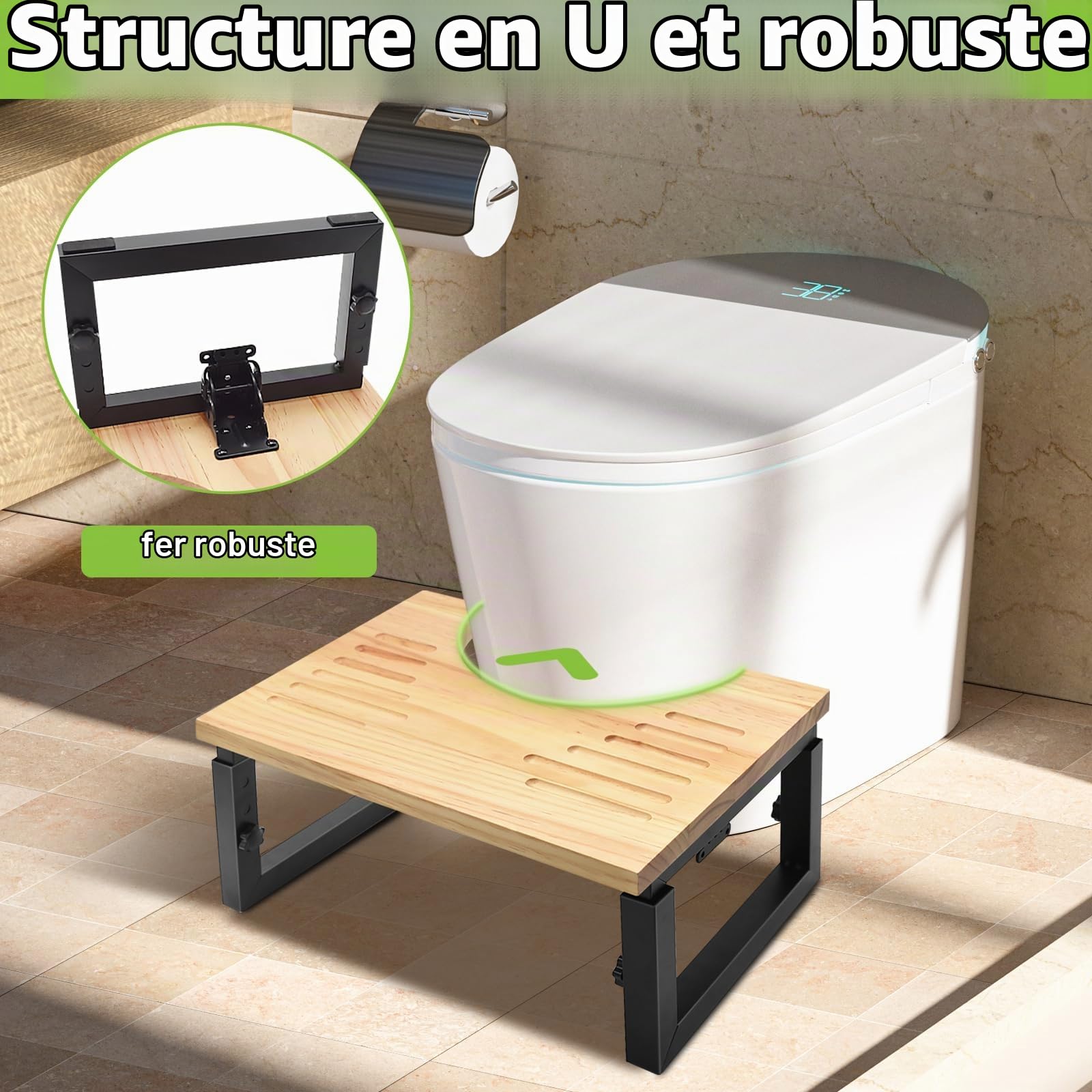 Tabouret Toilette Pliable en Bois, Marche Pied WC à Hauteur Réglable avec Coussinets Antidérapants, Repose Pied Salle Bain pour Adultes Enfant