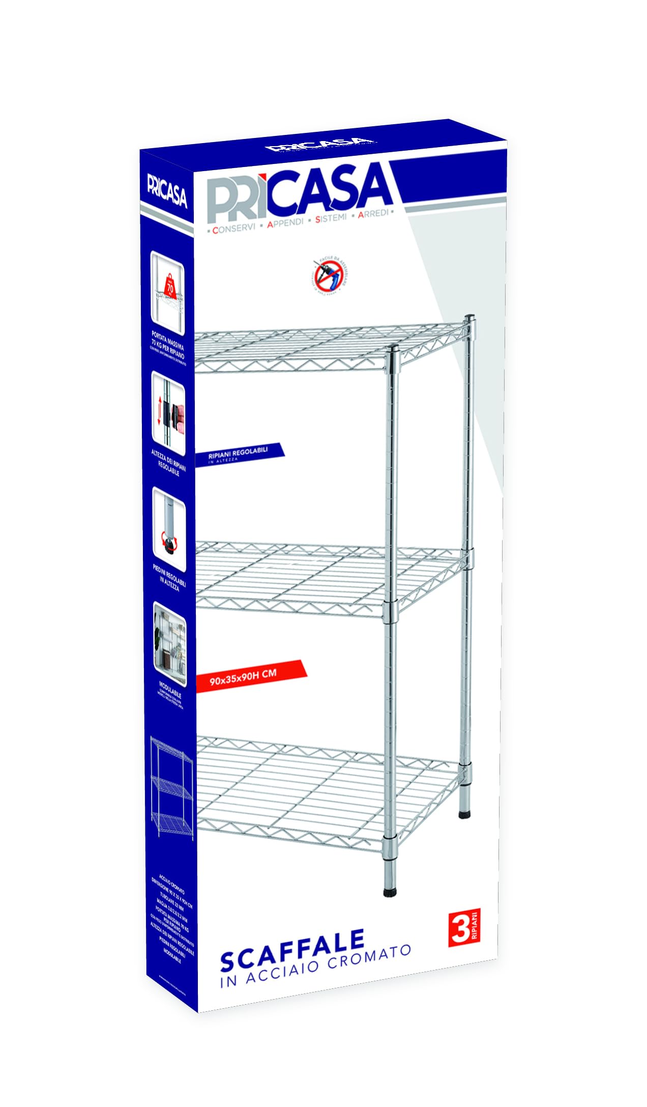 arredoplaza Scaffale Robusto In Acciaio Cromato 60x35x90cm Con 3 Ripiani Regolabili Portata 70Kg Per Ripiano Perfetto Garage Cucina Ufficio Scaffalatura Resistente Design Elegante Facile Da Montare