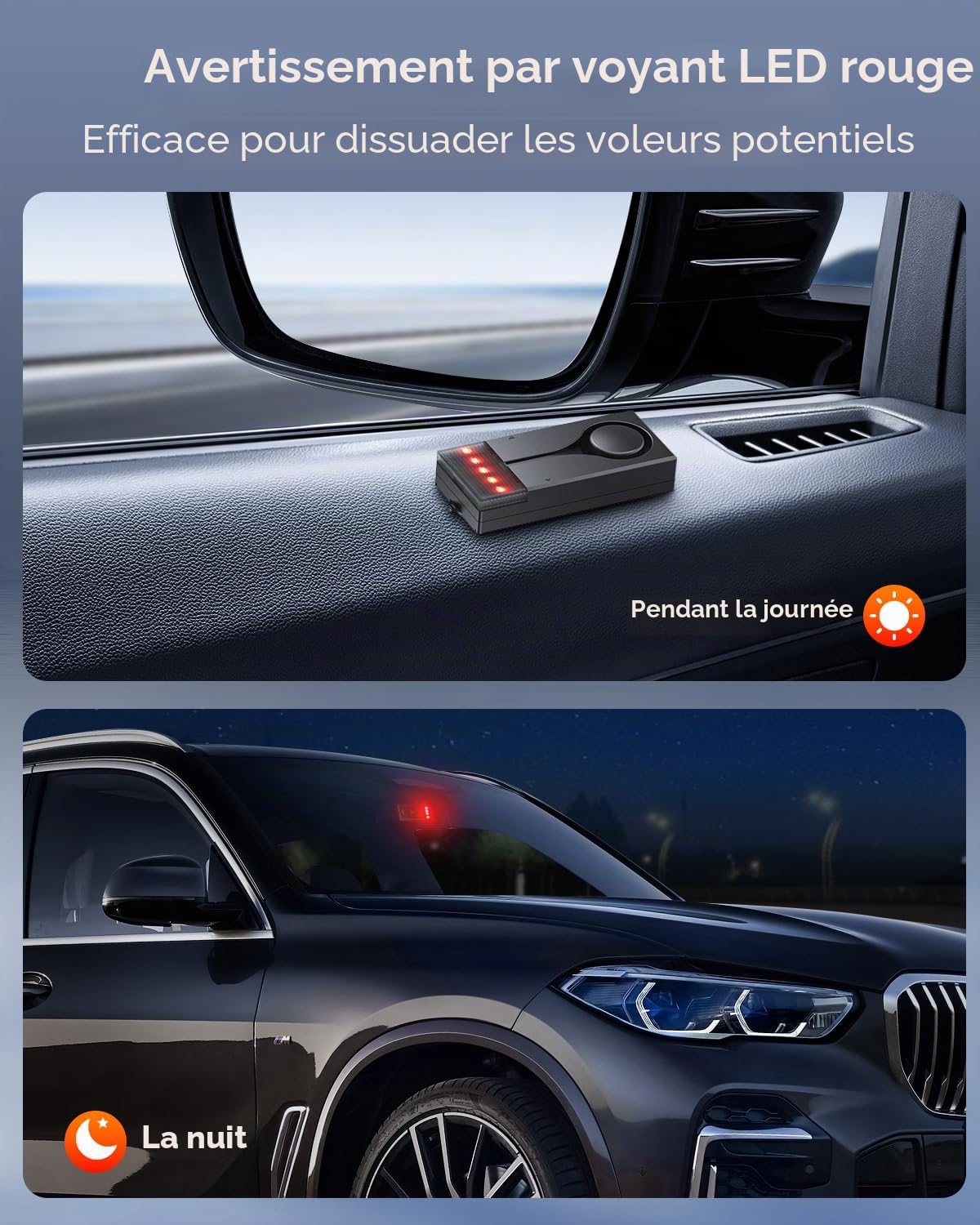 Alarme de vibration antivol pour voiture, ELECTOP 108 dB - Vibration sonore et lumineuse - Alarme de voiture à distance sans fil - Lumière de sécurité intérieure avec 2 alarmes