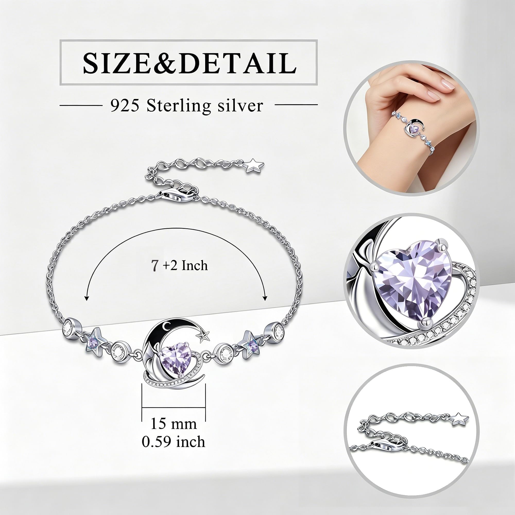 Pulsera de luna y estrella de plata de ley 925 con piedra natal con 12 polillas, regalo de cumpleaños para mujer