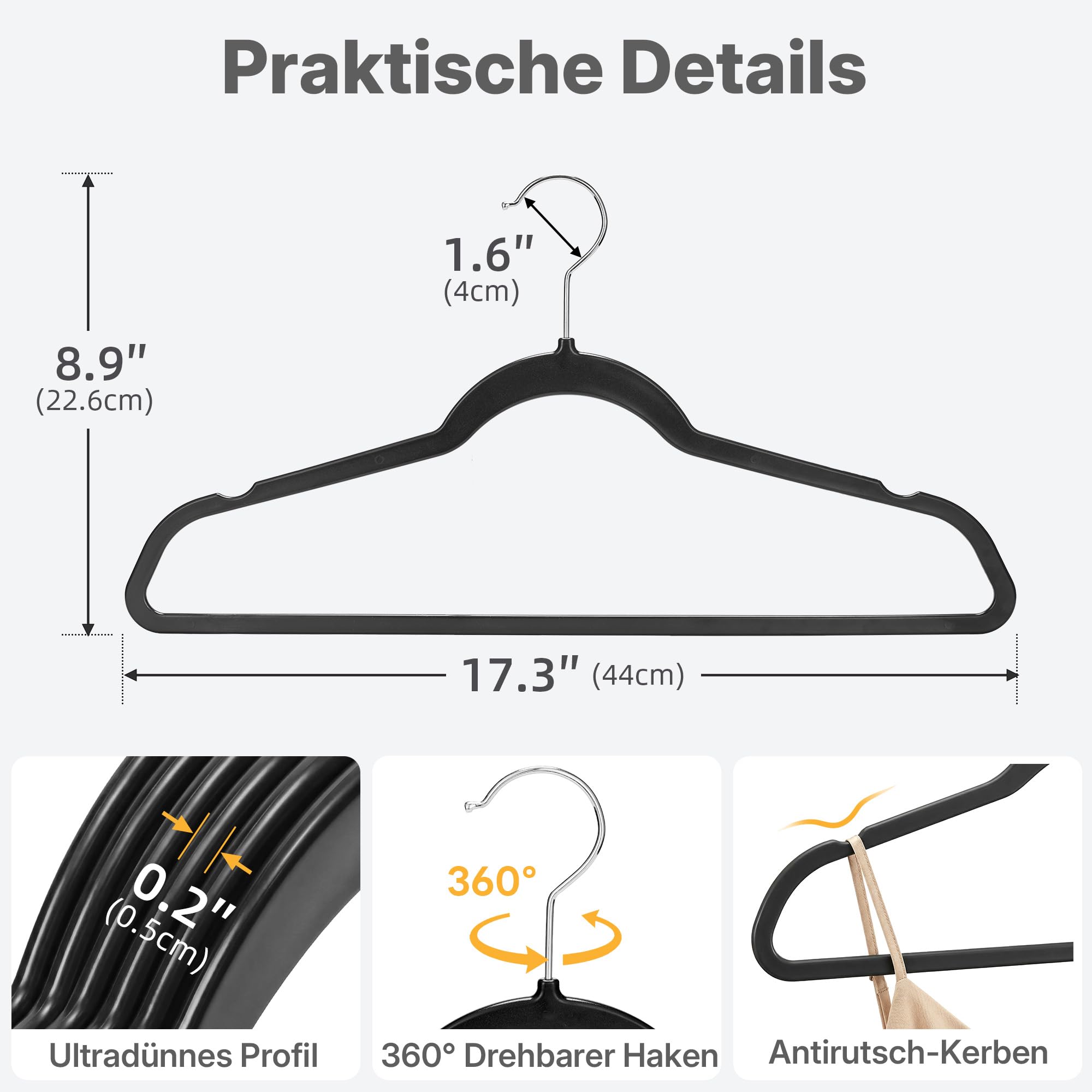 HOUSE DAY Schwarz Kleiderbügel Kunststoff 20er Pack, 0,5cm Ultradünn Platzsparend Kleiderbügel, Fusselfrei & Abwischbar bügel mit 360° Drehbarer Haken, Ideal für Anzüge, Mäntel & Shirts - 3