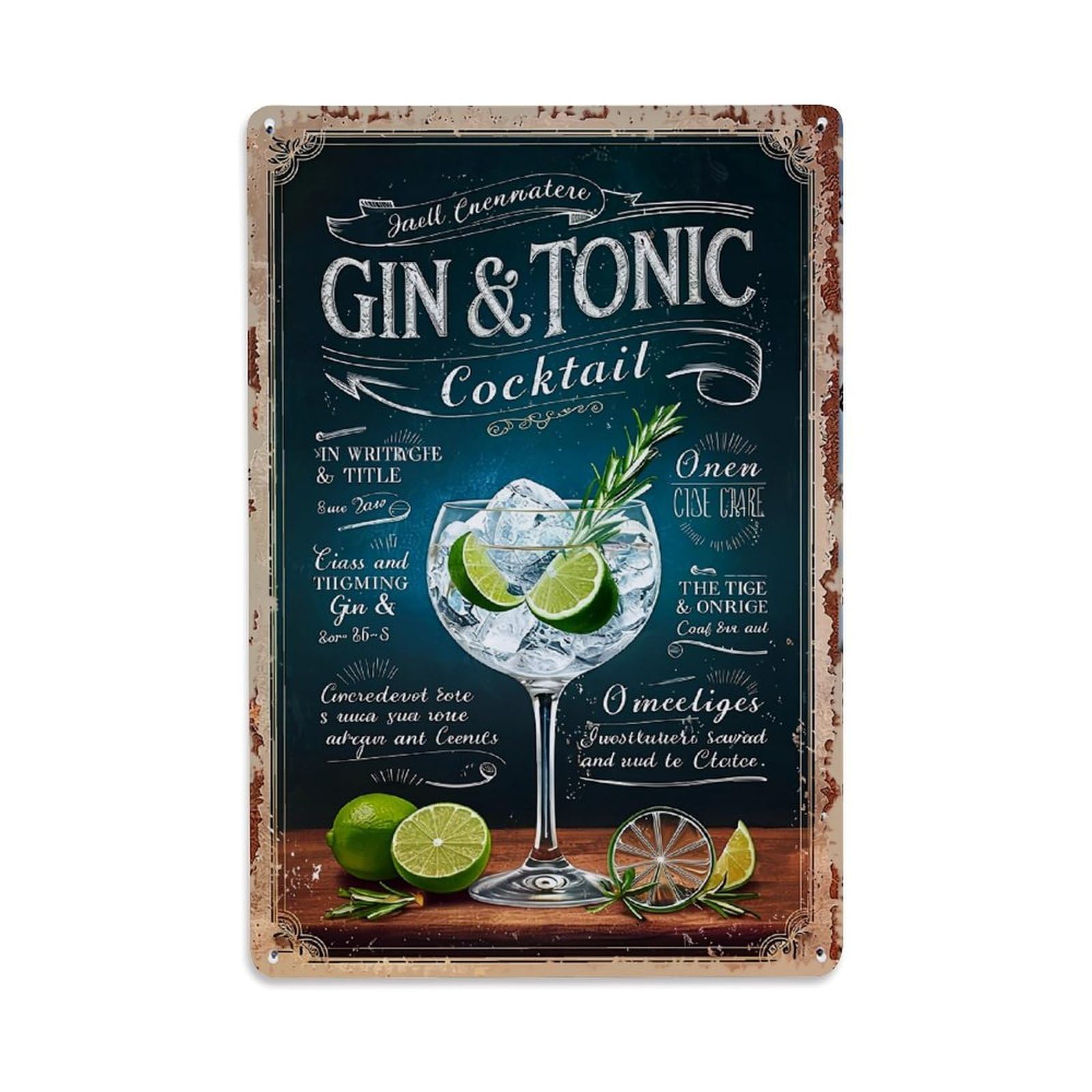 Jdfenggu Vintage Gin Tonic Cocktail Glass Lime Retro Metal Tin Sign, Decor Art Poster For Bar, Home, Man Cave, Kitchen, Laundry Room Gift 8X12inch