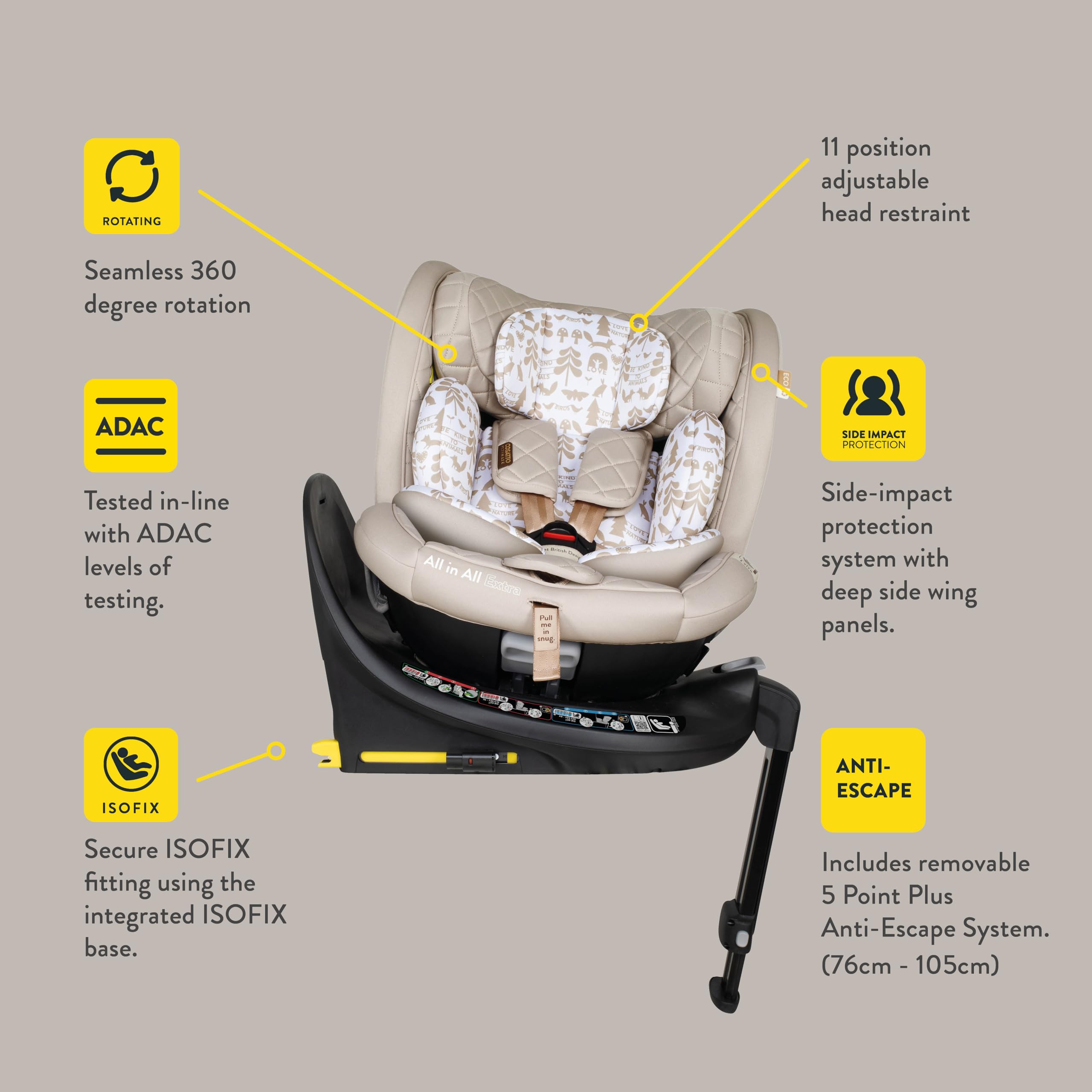 COSATTO All in All Extra i-Size - Seggiolino auto girevole a 360°, gruppo 0+123, 0-36 kg, 0-12 anni, ISOFIX, ERF, esclusivo sistema anti-fuga (Masquerade)
