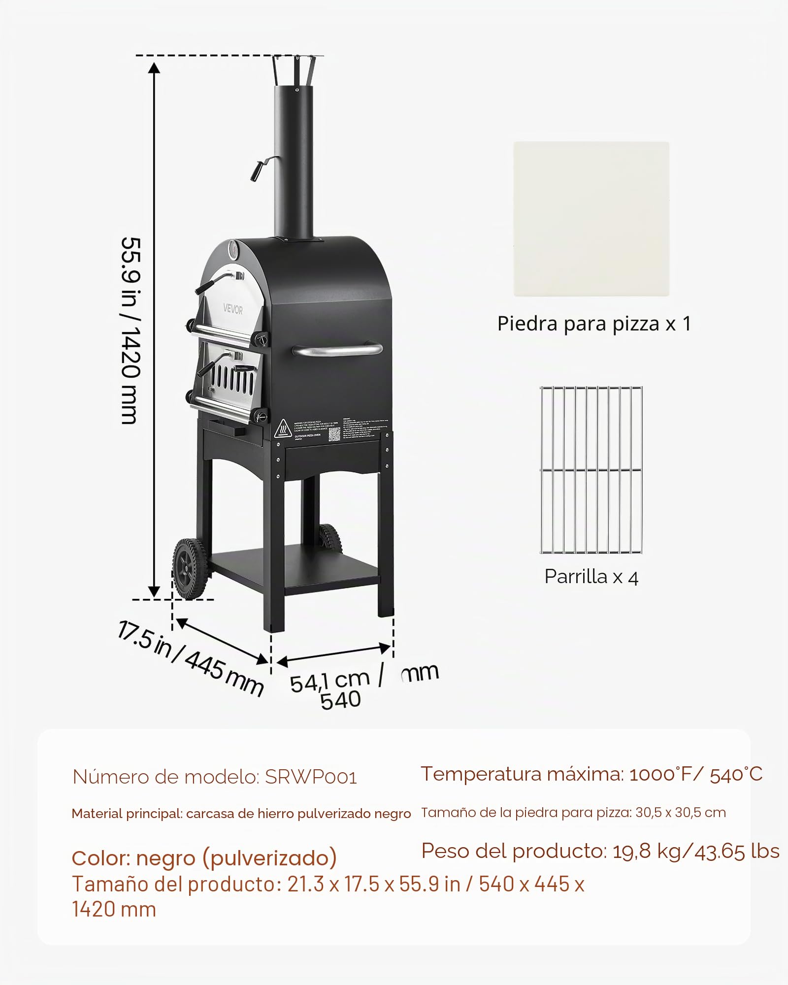 VEVOR Horno de Pizza de Pellets de Leña de 2 Capas, para Exteriores, con 2 Ruedas Extraíbles, Máquina para Hacer Pizzas con Una Temperatura Máxima de 540 °C para Asar, 540 x 445 x 1420 mm, Negro
