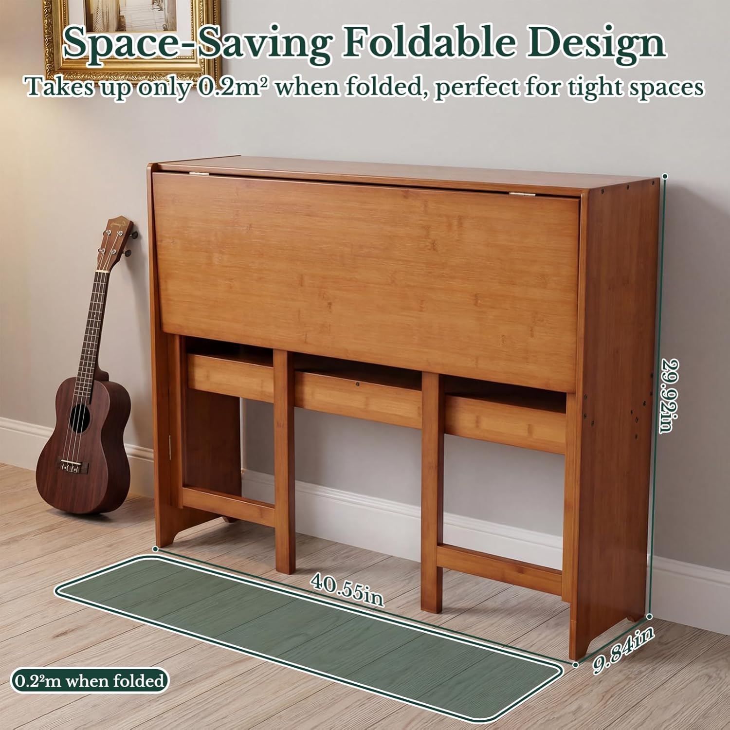 41'' Bamboo Folding Desk with Bookshelf, Space-Saving Computer Desk, Mid Century Modern Foldable Study Table for Home Office, Bedroom, Small Spaces - Brown