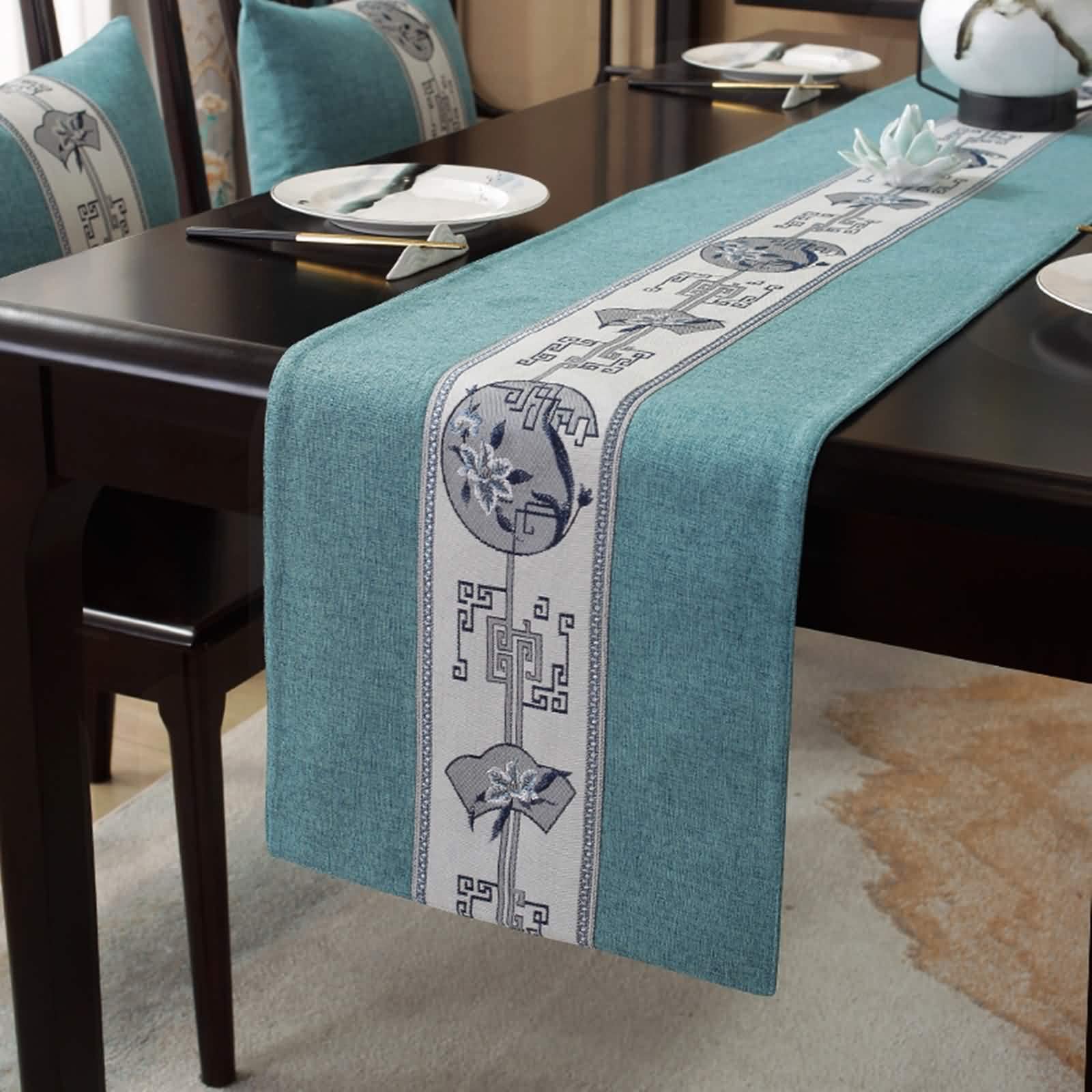 Chemin Table Anniversaire, Chemin de Table Fleur Automne Coton Bleu 33x180CM Broderie Classique Deco Intérieure et Extérieure