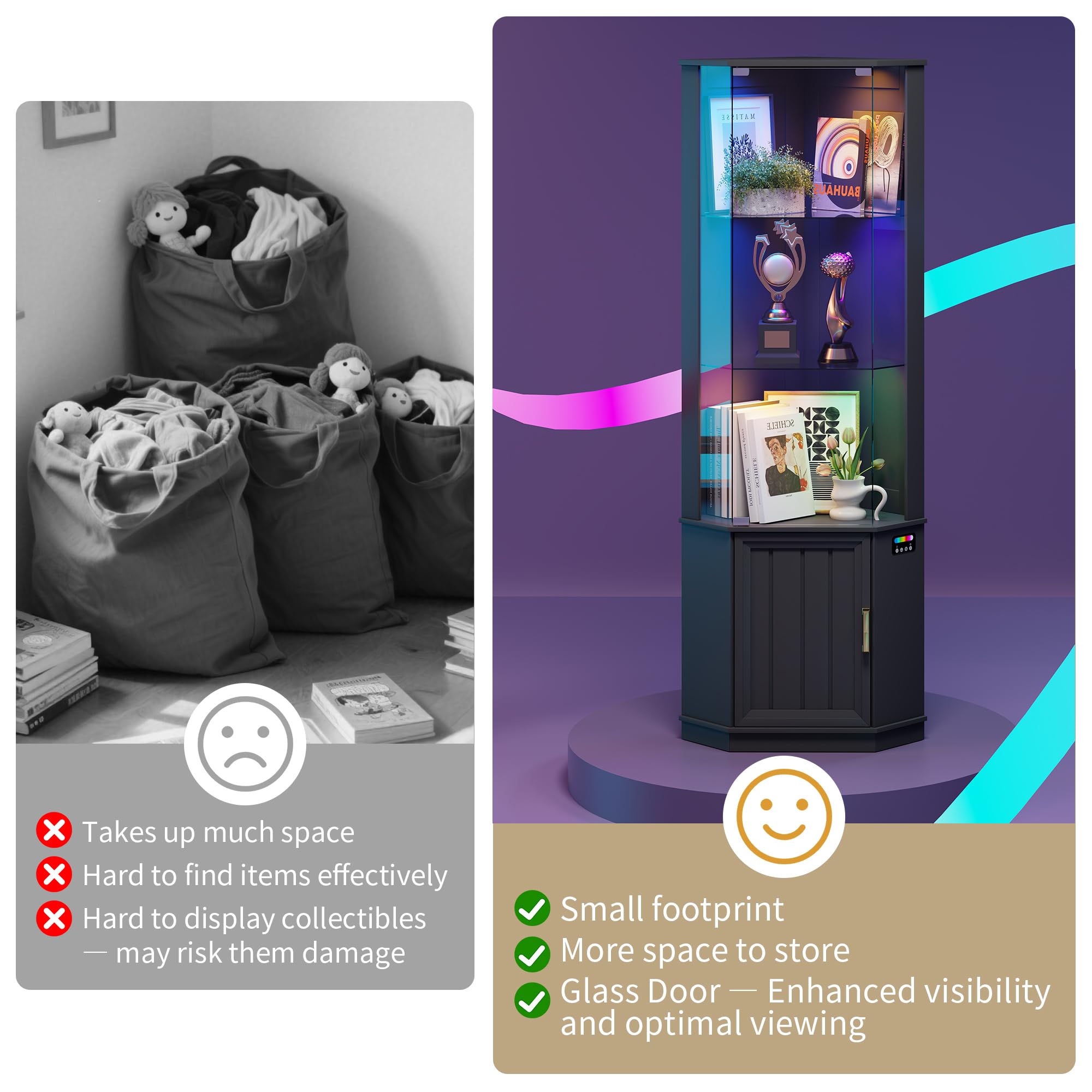Gurexl Vetrina in Vetro con Illuminazione RGB a 24 Colori,Vetrina Angolare con Sensore e Porta In Vetros & Serratura,Vetrinas Angolare con Ripiani Regolabili e 1 Portaoggetti Per Libreria,Curio,Nero