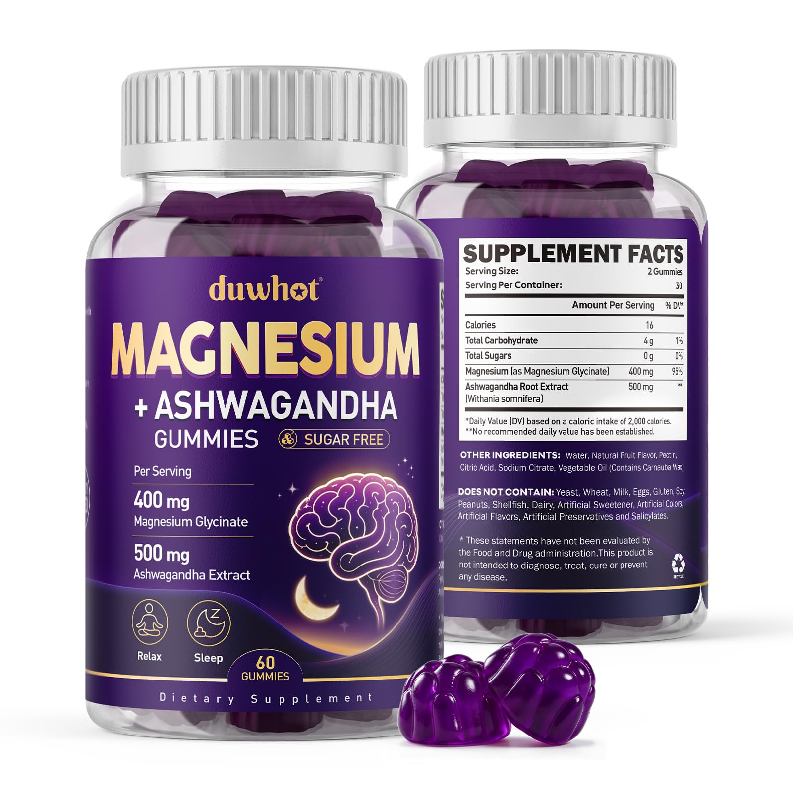 duwhot Magnesium Ashwagandha Gummies, Sugar Free, Vegan, 60 Count — Amazon image 8